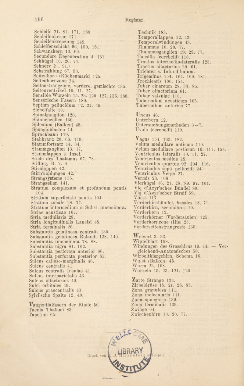 Schleife 21. 81. 171. 180. Schleifenkerne 171. Schleifenkreuzung 149. Schleifenschicht 96. 150. 181. Schwanzkern 13. 69. Secundäre Degeneration 4. 131. Sehhügel 10. 20. 77. Sehnerv 21. 9lJ Sehstrahlung 67. 93. Seitenhorn (Rückenmark) 125. Seitenhornzone 24. Seitenstrangzone, vordere, gemischte 135. Seitenventrikel 10. 11. 27. Sensible Wurzeln 15. 23. 120. 127. 136. 180. Sensorische Fasern 180. Septum pellucidum 12. 27. 45. Sichelfalte 10. Spinalganglion 120. Spinnenzellen 130. Splenium (Balken) 45. Spongioblasten 14. Sprachbahn 179. Stabkranz 20. 66. 179. Stammfortsatz 14. 34. Stammganglion 13. 17. Stammlappen s. Insel. Stiele des Thalamus 67. 78. Stilling, B. 2. 4. Stirnlamp eir 42. Stirnmfidungen 42. Strangsysteme 135. Strangzellen 141. Stratum cbmplexum et profund um pontis 104. Stratum superficiale pontis 104. Stratum zonale 28. 77. Stratum intermedium s. Subst. innominata. Striae acusticae 167. Stria medullaris 28. Stria longitudinalis Lancisi 48. Stria terminalis 26. Substantia gelatinosa centralis 130. Substantia gelatinosa Rolandi 128. 149. Substantia innominata 78. 88. Substantia nigra 81. 102. Substantia perforata anterior 86. Substantia perforata posterior 85. Sulcus calloso-marginalis 46. Sulcus centralis 41. Sulcus centralis Insulae 41. Sulcus interparietalis 43. Sulcus olfactorius 49. Sulci orbitales 49. Sulcus praecentralis 43. Sylvi’sche Spalte 12. 40. Tan gentialfasern der Rinde 56. Taenia Thalami 83. Tapetum 65. Technik 183. Temporallappen 12. 43. Temporalwindungen 43. Thalamus 10. 20. 77. Thalamusganglion 19. 28. 77. Tonsilla (cerebelli) 110. Tractus intermedio-lateralis 125. Tractus ollactorius 20. 61. Trichter s. Infundibulum. Trigeminus 154. 164. 169. 181. Trochlearis 106. 154. Tuber cinereum 28. 30. 85. Tuber olfactorium 61. Tuber valvulae 110. Tuberculum acusticum 165. Tuberculum anterius 77. Uncus 46. Unterhorn 12. Untersuchungsmethoden 3—7. Uvula (cerebelli) 110. Vagus 154. 163. 182. Velum medulläre anticum 110. Velum medulläre posticum 16. 111. 153. Ventriculus lateralis 10. 11. 27. Ventriculus medius 28. Ventriculus quartus 92. 104. 116. Ventriculus septi pellucidi 24: Ventriculus Verga 27. Vermis 23. 108. Vierhügel 16. 21. 28. 89. 97. 101. Viq d’Azyr’sches Bündel 80. Viq d’Azyr’scher Streif 59. Vliess 117. Vorderhirnbündel, basales 18. 71. Vorderhirn, secundäres 10. Vorderhorn 12. Vorderhörner (Vordersäulen) 125. Vorderhornzone (His) 23. Vorderseiten strangreste 135. Weigert 3. 33. Wipfelblatt 108. Windungen des Grosshirns 19. 44. — Ver¬ gleichend-Anatomisches 50. Wirbelthiergehirn, Schema 16. Wulst (Balken) 45. Wurm 23. 108. Wurzeln 15. 23. 121. 126. Zarte Stränge 134. Zirbeldrüse 15. 21. 28. 83. Zona granulosa 111. Zona molecularis 111. Zona spongiosa 139. Zona terminalis 139. Zwinge 64. Zwischenhirn 10. 20. 77.