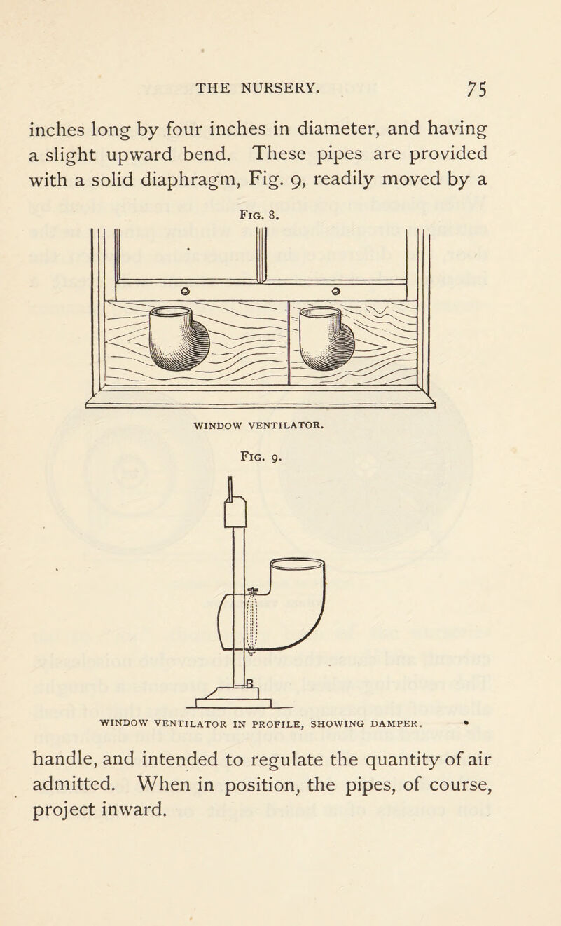 inches long by four inches in diameter, and having a slight upward bend. These pipes are provided with a solid diaphragm, Fig. 9, readily moved by a Fig. 8. Fig. 9. WINDOW VENTILATOR IN PROFILE, SHOWING DAMPER. * handle, and intended to regulate the quantity of air admitted. When in position, the pipes, of course, project inward.