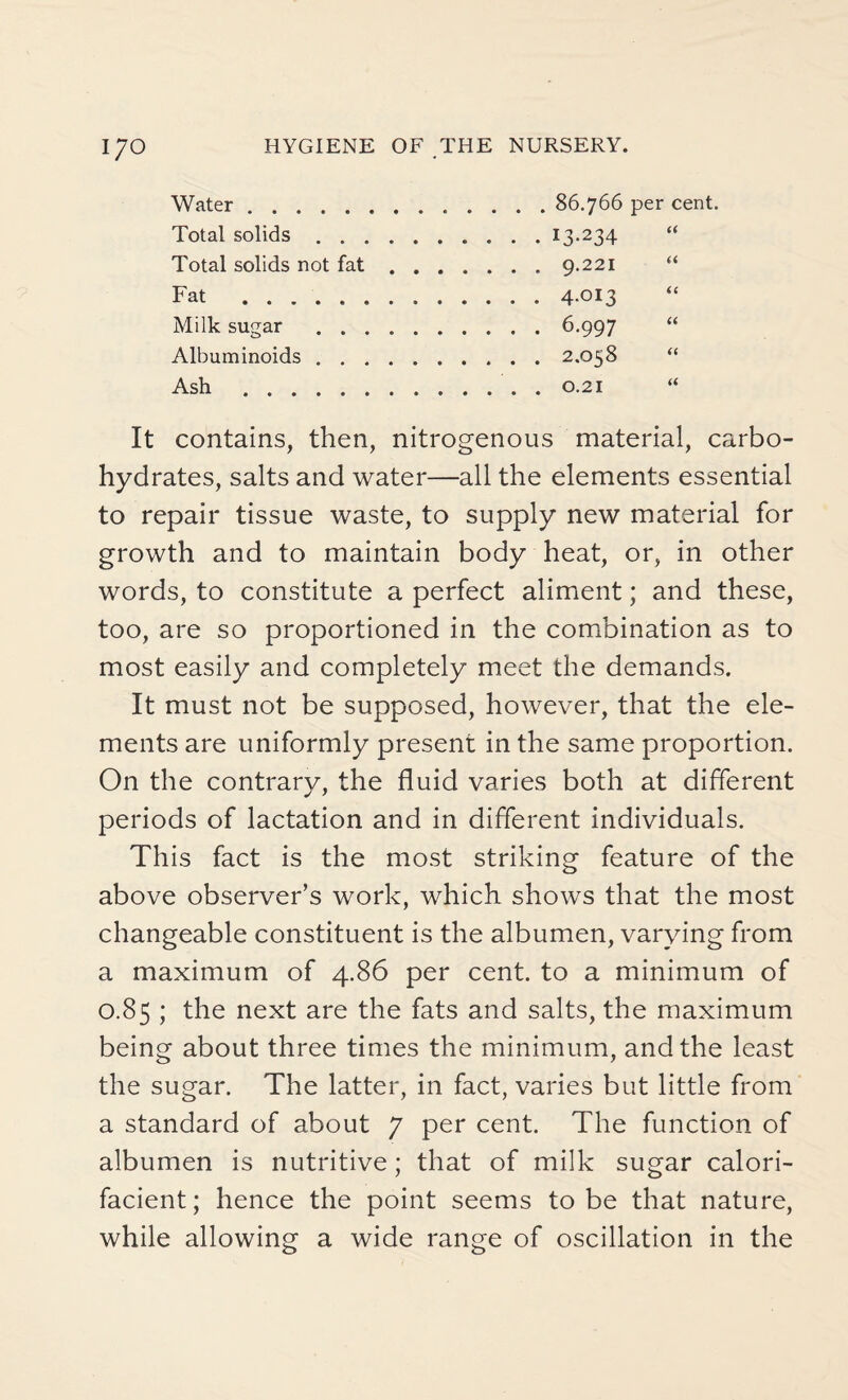 Water. Total solids . . , Total solids not fat Fat . Milk sugar . . , Albuminoids . . , Ash.. It contains, then, nitrogenous material, carbo¬ hydrates, salts and water—all the elements essential to repair tissue waste, to supply new material for growth and to maintain body heat, or, in other words, to constitute a perfect aliment; and these, too, are so proportioned in the combination as to most easily and completely meet the demands. It must not be supposed, however, that the ele¬ ments are uniformly present in the same proportion. On the contrary, the fluid varies both at different periods of lactation and in different individuals. This fact is the most striking feature of the above observer’s work, which shows that the most changeable constituent is the albumen, varying from a maximum of 4.86 per cent, to a minimum of 0.85 ; the next are the fats and salts, the maximum being about three times the minimum, and the least the sugar. The latter, in fact, varies but little from a standard of about 7 per cent. The function of albumen is nutritive; that of milk sugar calori- facient; hence the point seems to be that nature, while allowing a wide range of oscillation in the 86.766 per cent. 13.234 9.221 “ 4.013 6.997 “ 2.058 “ 0.21 “
