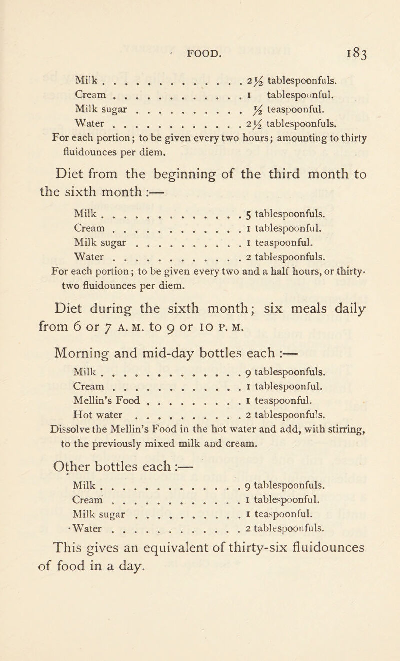 Milk.2tablespoonfuls. Cream.I tablespounful. Milk sugar.^ teaspoonful. Water.2tablespoonfuls. For each portion; to be given every two hours; amounting to thirty fluidounces per diem. Diet from the beginning of the third month to the sixth month :—• Milk.5 tablespoonfuls. Cream. 1 tablespoonful. Milk sugar.1 teaspoonful. Water.2 tablespoonfuls. For each portion; to be given every two and a half hours, or thirty- two fluidounces per diem. Diet during the sixth month; six meals daily from 6 or 7 A. M. to 9 or 10 p. m. Morning and mid-day bottles each :— Milk.9 tablespoonfuls. Cream.1 tablespoonful. Mellin’s Food ..1 teaspoonful. Hot water.2 tablespoon fids. Dissolve the Mellin’s Food in the hot water and add, with stirring, to the previously mixed milk and cream. Other bottles each :—- Milk . . . Cream . . Milk sugar •Water . . 9 tablespoonfuls. 1 tablespoonful. 1 teaspoonful. 2 tablespoonfuls. This gives an equivalent of thirty-six fluidounces of food in a day.