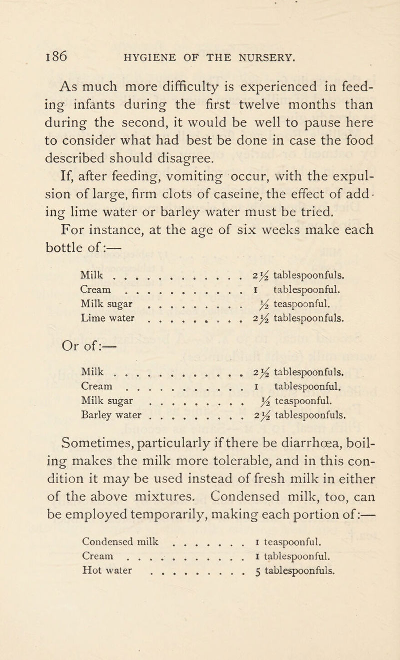 As much more difficulty is experienced in feed¬ ing infants during the first twelve months than during the second, it would be well to pause here to consider what had best be done in case the food described should disagree. If, after feeding, vomiting occur, with the expul¬ sion of large, firm clots of caseine, the effect of add¬ ing lime water or barley water must be tried. For instance, at the age of six weeks make each bottle of:— Milk.2^ tablespoonfuls. Cream.I tablespoonful. Milk sugar . y2 teaspoonful. Lime water.. 2]/2 tablespoonfuls. Or of:— Milk.2]/2 tablespoonfuls. Cream.I tablespoonful. Milk sugar . x/2 teaspoonful. Barley water.2x/2 tablespoonfuls. Sometimes, particularly if there be diarrhoea, boil¬ ing makes the milk more tolerable, and in this con¬ dition it may be used instead of fresh milk in either of the above mixtures. Condensed milk, too, can be employed temporarily, making each portion of:— Condensed milk Cream . . . Hot water I teaspoonful. I tablespoonful. 5 tablespoonfuls.