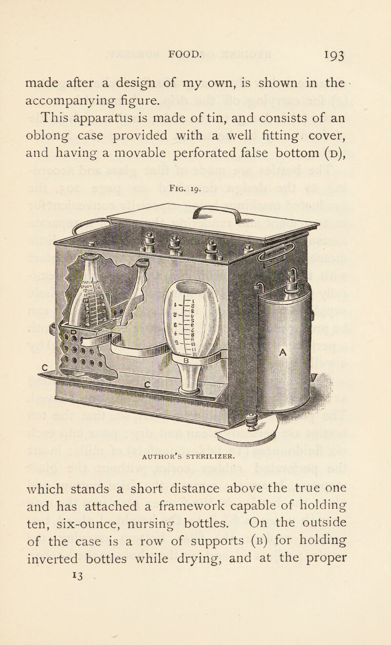made after a design of my own, is shown in the accompanying figure. This apparatus is made of tin, and consists of an oblong case provided with a well fitting cover, and having a movable perforated false bottom (d), Fig. 19. author’s sterilizer. which stands a short distance above the true one and has attached a framework capable of holding ten, six-ounce, nursing bottles. On the outside of the case is a row of supports (b) for holding inverted bottles while drying, and at the proper 13