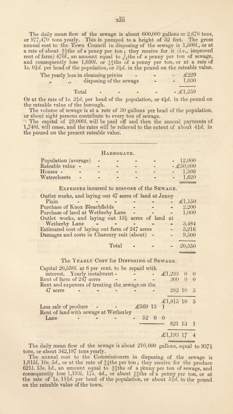 The daily mean flow of the sewage is about 600,000 gallons = 2,678 tons, or 977,470 tons yearly. This is pumped to a height of 52 feet. The gross annual cost to the Town Council in disposing of the sewage is 1,500Z., or at a rate of about ffths of a penny per ton ; they receive for it {i.e., improved rent of farm) 470Z., an amount equal to /^ths of a penny per ton of sewage, and consequently lose 1,030Z. or -^fths of a penny per ton, or at a rate of I5. 0\d. per head of the population, or Sic?, in the pound on the rateable value. The yearly loss in cleansing privies _ - - £229 „ „ disposing of the sewage - - i ,030 Total ----- £\,2b9 Or at the rate of \s. 2\d. per head of the population, or 4|c?. in the pound on the rateable value of the borough. The volume of sewage is at a rate of 30 gallons per head of the population, or about eight persons contribute to every ton of sewage. The capital of 29,000/. will be paid off and then the annual payments of 1,740Z. will cease, and the rates will be relieved to the extent of about A^d. in the pound on the present rateable value. Harrogate. Population (average) ----- 12,000 Rateable value ------ ,^50,000 Houses ------- 1,500 Waterclosets ------ 1,620 Expenses incurred to dispose of the Sewage. Outlet works, and laying out 47 acres of land at Jennv Plain.1 ^1,150 Purchase of Knox Bleachfields . - - 2,200 Purchase of land at Wetherby Lane . - _ 1,000 Outlet works, and laying out 13| acres of land at Wetherby Lane ----- 3,484 Estimated cost of laying out farm of 247 acres - 3,216 Damages and costs in Chancery suit (about) - - 9,500 Total - - - 20,550 The Yearly Cost for Disposing of Sewage. Capital 20,550/. at 6 per cent, to be repaid with interest. Yearly instalment - - - ,^1,233 0 0 Rent of farm of 247 acres - - - 300 0 0 Rent and expenses of treating the sewage on the 47 acres ----- 282 10 5 .£1,815 10 5 Less sale of produce - - £569 13 1 Rent of land with sewage at Wetherley Lane - - - - 52 0 0 - 621 13 1 £1,193 17 4 The daily mean flow of the sewage is about 210,000 gallons, equal to 937i tons, or about 342,187 tons yearly. The annnal cost to the Commissioners in disposing of the sewage is 1,815/. 10s. 5c/., or at the rate of f^ths per ton ; they receive for the produce 621/. 13s. Id., an amount equal to ffths of a penny per ton of sewage, and consequently lose 1,193/. 17s. 4c/., or about ffths of a penny per ton, or at the rate of Is. life/, per head of the population, or about 5fc/. in the pound on the rateable value of the town.