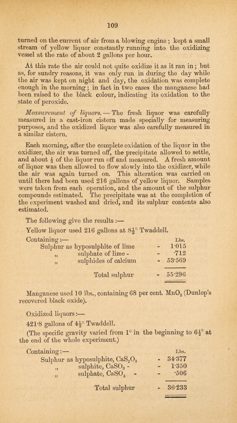 turned on the current of air from a blowing engine ; kept a small stream of yellow liquor constantly running into the oxidizing vessel at the rate of about 2 gallons per hour. At this rate the air could not quite oxidize it as it ran in; but as, for sundry reasons, it was only run in during the day while the air was kept on night and day, the oxidation was complete enough in the morning; in fact in two cases the manganese had been raised to the black colour, indicatiog its oxidation to the state of peroxide. Measurement of liquors. — The fresh liquor was carefully measured in a cast-iron cistern made specially for measuring purposes, and the oxidized liquor was also carefully measured in a similar cistern. Each morning, after the complete oxidation of the liquor in the oxidizer, the air was turned off, the precipitate allowed to settle, and about ^ of the liquor run off and measured. A fresh amount of liquor was then allowed to flow slowly into the oxidizer, while the air was again turned on. This alteration was carried on until there had been used 216 gallons of yellow liquor. Samples were taken from each operation, and the amount of the sulphur compounds estimated. The precipitate was at the completion of the experiment washed and dried, and its sulphur contents also estimated. The following give the results :— Yellow liquor used 216 gallons at 8|-° Twaddell, Containing:— Lbs. Sulphur as hyposulphite of lime - 1*015 „ sulphate of lime - - *712 „ sulphides of calcium - 58*569 Total sulphur - 55*296 Manganese used 10 lbs., containing 68 per cent. Mn02 (Dunlop’s recovered black oxide). Oxidized liquors:— 421*8 gallons of 4J° Twaddell. (The specific gravity varied from 1° in the beginning to 6 4° at the end of the whole experiment.) Containing:*— Lbs. Sulphur as hyposulphite, CaS203 - 34*377 „ sulphite, CaSOs - - 1*350 „ sulphate, CaSO^  - *506 Total sulphur - 36*233