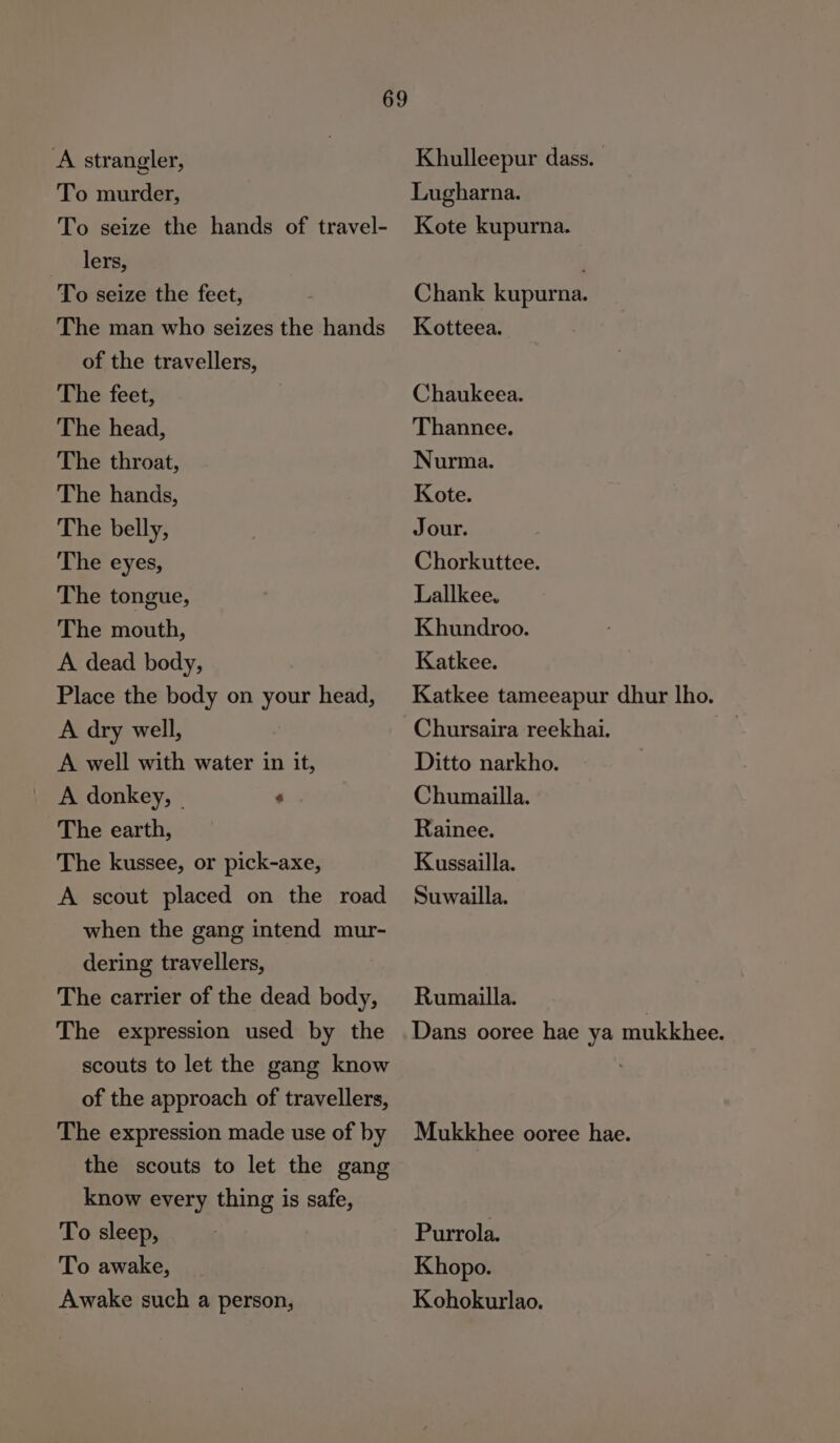 A strangler, To murder, To seize the hands of travel- _ + Ters; To seize the feet, The man who seizes the hands of the travellers, The feet, The head, The throat, The hands, The belly, The eyes, The tongue, The mouth, A dead body, Place the body on your head, A dry well, A well with water in it, | A donkey, - . The earth, The kussee, or pick-axe, A scout placed on the road when the gang intend mur- dering travellers, The carrier of the dead body, The expression used by the scouts to let the gang know of the approach of travellers, The expression made use of by the scouts to let the gang know every thing is safe, To sleep, To awake, Awake such a person, Khulleepur dass. Lugharna. Kote kupurna. Chank kupurna. Kotteea. Chaukeea. Thannee. Nurma. Kote. Jour. Chorkuttee. Lallkee, Khundroo. Katkee. Ditto narkho. Chumailla. Rainee. Kussailla. Suwailla. Rumailla. Purrola. Khopo. Kohokurlao.