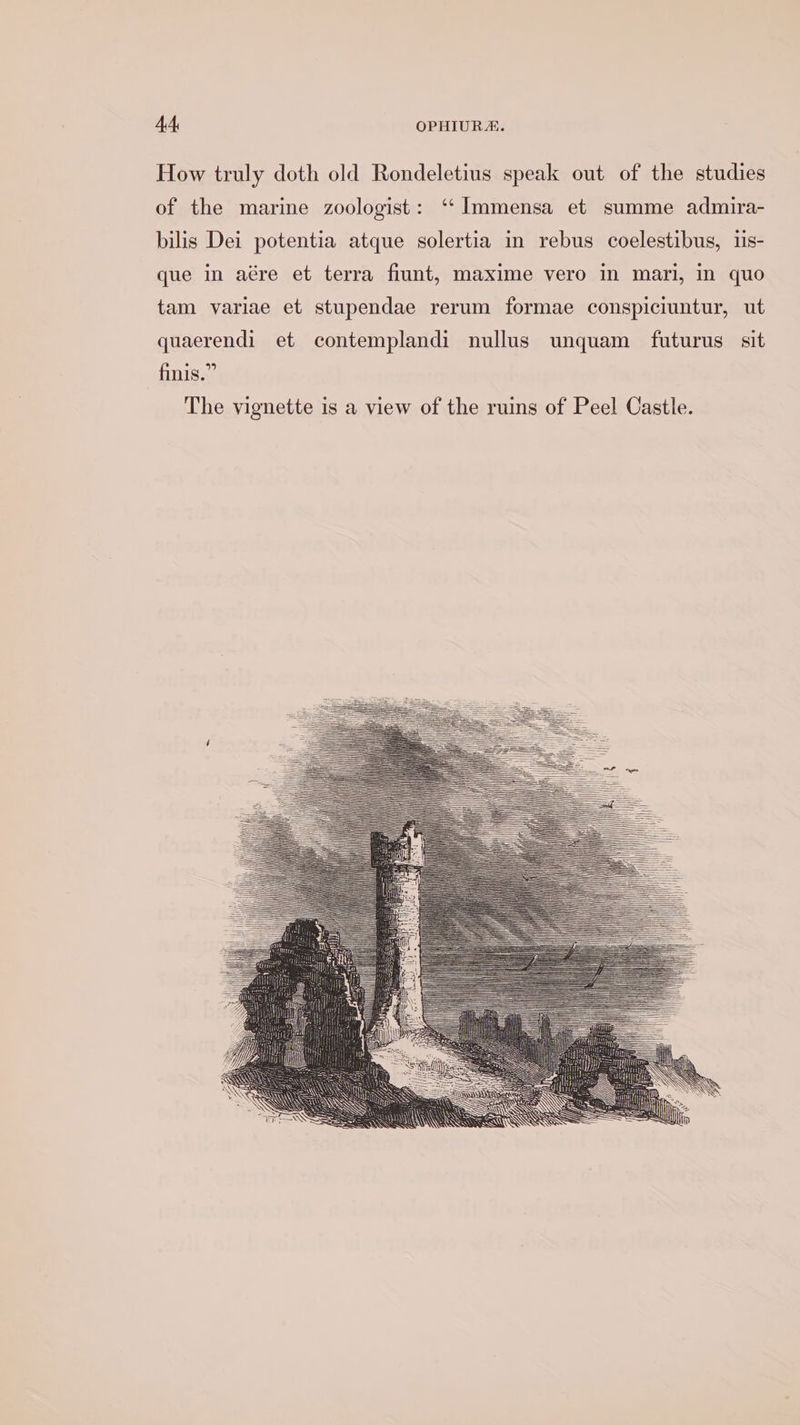 How truly doth old Rondeletius speak out of the studies of the marine zoologist: ‘ Immensa et summe admira- bilis Dei potentia atque solertia in rebus coelestibus, 1is- que in aére et terra fiunt, maxime vero in mari, In quo tam variae et stupendae rerum formae conspiciuntur, ut quaerendi et contemplandi nullus unquam futurus sit finis.” The vignette is a view of the ruins of Peel Castle.
