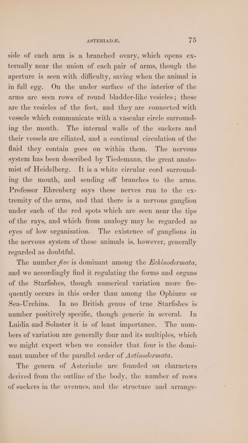 side of each arm is a branched ovary, which opens ex- ternally near the union of each pair of arms, though the aperture is seen with difficulty, saving when the animal is in full egg. On the under surface of the interior of the arms are seen rows of round bladder-like vesicles; these are the vesicles of the feet, and they are connected with vessels which communicate with a vascular circle surround- ing the mouth. The internal walls of the suckers and their vessels are ciliated, and a continual circulation of the fluid they contain goes on within them. The nervous system has been described by Tiedemann, the great anato- mist of Heidelberg. It is a white circular cord surround- ing the mouth, and sending off branches to the arms. Professor Ehrenberg says these nerves run to the ex- tremity of the arms, and that there is a nervous ganglion under each of the red spots which are seen near the tips of the rays, and which from analogy may be regarded as eyes of low organisation. The existence of ganglions in the nervous system of these animals is, however, generally regarded as doubtful. The number jive is dominant among the Hchinodermata, and we accordingly find it regulating the forms and organs of the Starfishes, though numerical variation more fre- quently occurs in this order than among the Ophiure or Sea-Urchins. In no British genus of true Starfishes is number positively specific, though generic in several. In Luidia and Solaster it is of least importance. The num- bers of variation are generally four and its multiples, which we might expect when we consider that four is the domi- nant number of the parallel order of Actinodermata. The genera of Asteriade are founded on characters derived from the outline of the body, the number of rows of suckers in the avenues, and the structure and arrange-