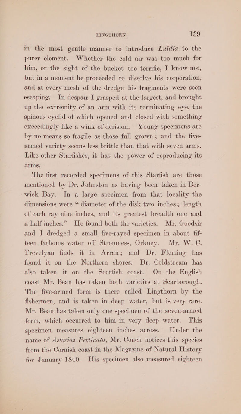 in the most gentle manner to introduce Luidia to the purer element. Whether the cold air was too much for him, or the sight of the bucket too terrific, I know not, but in a moment he proceeded to dissolve his corporation, and at every mesh of the dredge his fragments were seen escaping. In despair I grasped at the largest, and brought up the extremity of an arm with its terminating eye, the spimous eyelid of which opened and closed with something exceedingly like a wink of derision. Young specimens are by no means so fragile as those full grown; and the five- armed variety seems less brittle than that with seven arms. Like other Starfishes, it has the power of reproducing its arms. The first recorded specimens of this Starfish are those mentioned by Dr. Johnston as having been taken in Ber- wick Bay. In a large specimen from that locality the dimensions were “ diameter of the disk two inches; length of each ray nine inches, and its greatest breadth one and a half inches.” He found both the varieties. Mr. Goodsir and I dredged a small five-rayed specimen in about fif- teen fathoms water off Stromness, Orkney. Mr. W. C. Trevelyan finds it m Arran; and Dr. Fleming has found it on the Northern shores. Dr. Coldstream has also taken it on the Scottish coast. On the English coast Mr. Bean has taken both varieties at Scarborough. The five-armed form is there called Lingthorn by the fishermen, and is taken in deep water, but is very rare. Mr. Bean has taken only one specimen of the seven-armed form, which occurred to him in very deep water. This specimen measures eighteen imches across. Under the name of Asterias Pectinata, Mr. Couch notices this species from the Cornish coast in the Magazine of Natural History for January 1840. His specimen also measured eighteen