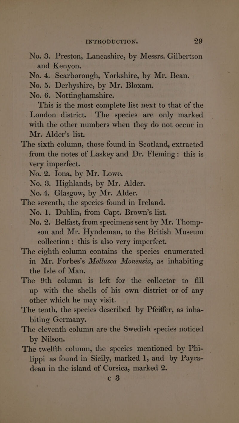 No. 3. Preston, Lancashire, by Messrs. Gilbertson and Kenyon. No. 4. Scarborough, Yorkshire, by Mr. Bean. No. 5. Derbyshire, by Mr. Bloxam. No. 6. Nottinghamshire. This is the most complete list next to that of the London district. ‘The species are only marked with the other numbers when they do not occur in Mr. Alder’s list. The sixth column, those found in Scotland, extracted from the notes of Laskey and Dr. Fleming: this is very imperfect. No. 2. Iona, by Mr. Lowe. No. 3. Highlands, by Mr. Alder. No. 4. Glasgow, by Mr. Alder. The seventh, the species found in Ireland. No. 1. Dublin, from Capt. Brown’s list. No. 2. Belfast, from specimens sent by Mr. Thomp- son and Mr. Hyndeman, to the British Museum collection: this is also very imperfect. The eighth column contains the species enumerated in Mr. Forbes’s Mollusca Monensia, as inhabiting the Isle of Man. The 9th column is left for the collector to fill up with the shells of his own district or of any other which he may visit. The tenth, the species described by Pfeiffer, as inha- biting Germany. The eleventh column are the Swedish species noticed by Nilson. The twelfth column, the species mentioned by Phi- — lippi as found in Sicily, marked 1, and by Payra- deau in the island of Corsica, marked 2. c 3