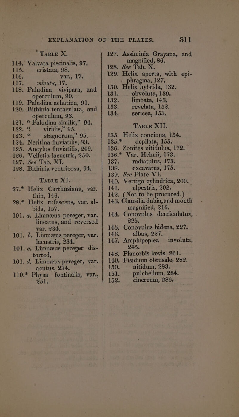 eT ARLE wks 114,’ Valvata piscinalis, 97. 115. cristata, 98. 116. var., 17. aS7 minuta, 17. 118, Paludina vivipara, and operculum, 90. 119, Paludina achatina, 91. 120. Bithinia tentaculata, and operculum, 93. 121. “ Paludina similis,” 94. 122. % viridis,” 95. to... stagnorum,” 95. 124, Neritina fluviatilis, 83. 125. Ancylus fluviatilis, 249. 126. Velletia lacustris, 250. 127. See Tab. XI. 128, Bithinia ventricosa, 94. TaBie XI. 27.* Helix Carthusiana, var. thin, 146. 28.* Helix rufescens, var. al- bida, 157. 101. a, Limnzus pereger, var. lineatus, and reversed var. 234. 101. 5. Limneeus pereger, var. lacustris, 234. 101. c. Limnzus Jo 58 dis- torted, 101. d, Limnzeus pereger, var. acutus, 234. 110.* Physa_ fontinalis, var., 251. 31] 127. Assiminia Grayana, and magnified, 86. 128. See Tab. X. 129. Helix aperta, with epi- phragma, 127. 130. Helix hybrida, 132, 131. obvoluta, 139. 132. limbata, 143. 133. revelata, 152. 134, sericea, 153. TABLE XII. 135. Helix concinna, 154. 135. depilata, 155. 136. Zonites nitidulus, 172. 136.* Var. Helmii, 173. 137. radiatulus, 173. 138. excavatus, 175. 139. See Plate VI. 140. Vertigo cylindrica, 200. 141. alpestris, 202. 142. (Not to be procured.) 143. Clausilia dubia,and mouth magnified, 216. 144. Conovulus denticulatus, 225. 145. Conovulus bidens, 227. 146. albus, 227. involuta, 148. Planorbis levis, 261. 149. Pisidium obtusale, 282. 150. nitidum, 283. 151. pulchellum, 284. 152; cinereum, 286.