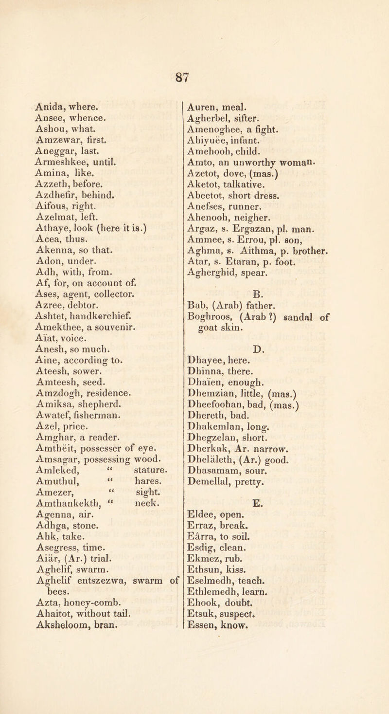 Anida, where. Ansee, whence. Ashou, what. Amzewar, first. Aneggar, last. Armeshkee, until. Amina, like. Azzeth, before. Azdhefir, behind. Aifous, right. Azelmat, left. Athaye, look (here it is.) Acea, thus. Akenna, so that. Adon, under. Adh, with, from. Af, for, on account of. Ases, agent, collector. Azree, debtor. Ashtet, handkerchief. Amekthee, a souvenir. Aiat, voice. Anesh, so much. Aine, according to. Ateesh, sower. Amteesh, seed. Amzdogh, residence. Amiksa, shepherd. Awatef, fisherman. Azel, price. Amghar, a reader. Amtheit, possesser of eye. Amsagar, possessing wood. Amleked, “ Amuthul, “ Amezer, “ Amthankekth, “ Agenna, air. Adhga, stone. Ahk, take. Asegress, time. Aiar, (Ar.) trial. Aghelif, swarm. Aghelif entszezwa, swarm of bees. Azta, honey-comb. Ahaitot, without tail. Aksheloom, bran. Auren, meal. Agherbel, sifter. Amenoghee, a fight. Ahiyuee, infant. Amehooh, child. Amto, an unworthy woman. Azetot, dove, (mas.) Aketot, talkative. Abeetot, short dress. Anefses, runner. Ahenooh, neigher. Argaz, s. Ergazan, pi. man. Ammee, s. Errou, pi. son, Aghma, s. Aithma, p. brother. Atar, s. Etaran, p. foot. Agherghid, spear. B. Bab, (Arab) father. Boghroos, (Arab ?) sandal of goat skin. D. Dhayee, here. Dhinna, there. Dhai'en, enough. Dhemzian, little, (mas.) Dheefoohan, bad, (mas.) Dhereth, bad. Dhakemlan, long. Dhegzelan, short. Dherkak, Ar. narrow. Dhelaleth, (Ar.) good. Dhasamam, sour. Demellal, pretty. E. Eldee, open. Erraz, break. Earra, to soil. Esdig, clean. Ekmez, rub. Ethsun, kiss. Eselmedh, teach. Ethlemedh, learn. Ehook, doubt. Etsuk, suspect. Essen, know. stature. hares. sight. neck.