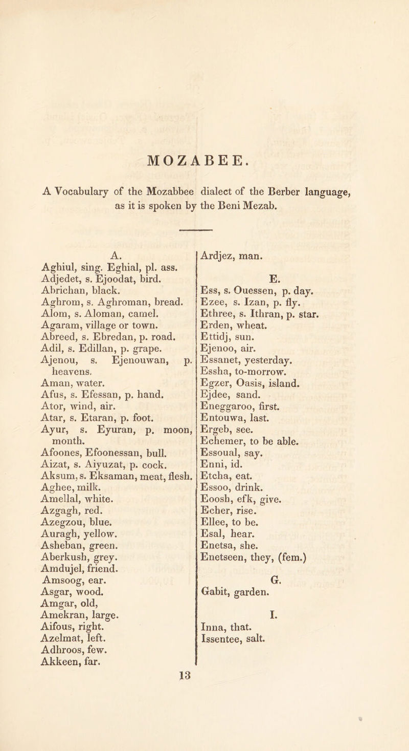 MOZABEE. A Vocabulary of the Mozabbee dialect of the Berber language, as it is spoken by the Beni Mezab. A. Aghiul, sing. Eghial, pi. ass. Adjedet, s. Ejoodat, bird. Abrichan, black. Aghrom, s. Aghroman, bread. Alom, s. Aloman, camel. Agaram, village or town. Abreed, s. Ebredan, p. road. Adil, s. Edillan, p. grape. Ajenou, s. Ejenouwan, p. heavens. Aman, water. Afus, s. Efessan, p. hand. A tor, wind, air. Atar, s. Etaran, p. foot. Ayur, s. Eyuran, p. moon, month. Afoones, Efoonessan, bull. Aizat, s. Aiyuzat, p. cock. Aksum, s. Eksaman, meat, flesh. Aghee, milk. Amellal, white. Azgagh, red. Azegzou, blue. Auragh, yellow. Asheban, green. Aberkush, grey. Amdujel, friend. Amsoog, ear. Asgar, wood. Amgar, old, Amekran, large. Aifous, right. Azelmat, left. Adhroos, few. Akkeen, far. Ardjez, man. E. Ess, s. Ouessen, p. day. Ezee, s. Izan, p. fly. Ethree, s. Ithran, p. star. Erden, wheat. Ettidj, sun. Ejenoo, air. Essanet, yesterday. Essha, to-morrow. Egzer, Oasis, island. Ejdee, sand. Eneggaroo, first. Entouwa, last. Ergeb, see. Echemer, to be able. Essoual, say. Enni, id. Etcha, eat. Essoo, drink. Eoosh, efk, give. Echer, rise. Ellee, to be. Esal, hear. Enetsa, she. Enetseen, they, (fern.) G. Gabit, garden. I. Inna, that. Issentee, salt. 13