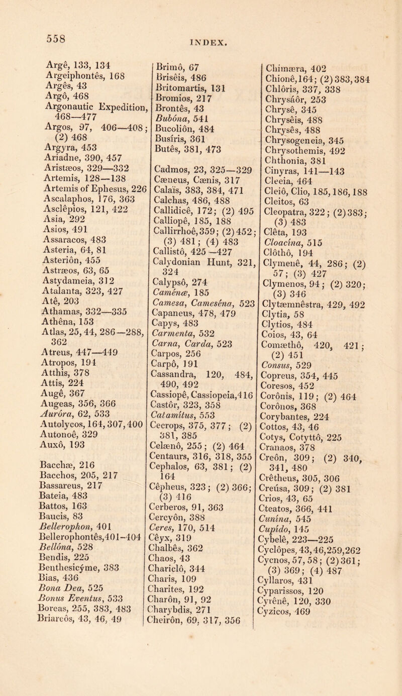 Arge, 133, 134 Argeiphontes, 168 Arges, 43 Argo, 468 Argonautic Expedition, 468—477 Argos, 97, 406—408 ; (2) 468 Argyra, 453 Ariadne, 390, 457 Aristaeos, 329—332 Artemis, 128—138 Artemis of Ephesus, 226 Ascalaphos, 176, 363 Asclepios, 121, 422 Asia, 292 Asios, 491 Assaracos, 483 Asteria, 64, 81 Asterion, 455 Astraeos, 63, 65 Astydameia, 312 Atalanta, 323, 427 Ate, 203 Athamas, 332—335 Athena, 153 Atlas, 25,44, 286—288, 362 Atreus, 447—449 Atropos, 194 Atthis, 378 Attis, 224 Auge, 367 Augeas, 356, 366 Aurora, 62, 533 Autolycos, 164,307,400 Autonoe, 329 Auxo, 193 Baccliae, 216 Bacchos, 205, 217 Bassareus, 217 Bateia, 483 Battos, 163 Baucis, 83 Belleroption, 401 Bellerophontes,401-404 Bellona, 528 Bendis, 225 Benthesicyme, 383 Bias, 436 Bona Dea, 525 Bonus Evenius, 533 Boreas, 255, 383, 483 Briareos, 43, 46, 49 INDEX. Brim6, 67 Briseis, 486 Britomartis, 131 Bromios, 217 Brontes, 43 Bubona, 541 Bucolidn, 484 Busiris, 361 Butes, 381, 473 Cadmos, 23, 325—329 Caeneus, Caenis, 317 Calais, 383, 384, 471 Calchas, 486, 488 Callidice, 172; (2) 495 Calliope, 185, 188 Callirrhoe,359; (2)452; (3) 481; (4) 483 Callisto, 425 —427 Calvdonian Hunt, 321, 324 Calypso, 274 Camence, 185 Camesa, Camesena, 523 Capaneus, 478, 479 Capys, 483 Carmenta, 532 Carna, Carda, 523 Carpos, 256 Carpo, 191 Cassandra, 120, 484, 490, 492 Cassiope, Cassiopeia,416 Castor, 323, 358 Catamitus, 553 Cecrops, 375, 377; (2) 381, 385 Celaeno, 255 ; (2) 464 Centaurs, 316, 318, 355 Cephalos, 63, 381; (2) 164 Cepheus, 323; (2) 366; (3) 416 Cerberos, 91, 363 Cercyon, 388 Ceres, 170, 514 Ceyx, 319 Chalbes, 362 Chaos, 43 Chariclo, 344 Charis, 109 Charites, 192 Charon, 91, 92 Charybdis, 271 Cheiron, 69, 317, 356 Chimaera, 402 Chione,164; (2)383,384 Chloris, 337, 338 Chrysaor, 253 Chryse, 345 Chryseis, 488 Chryses, 488 Chrysogeneia, 345 Chrysothemis, 492 Chthonia, 381 Cinyras, 141—143 Cleeia, 464 Cleio, Clio, 185,186,188 Cleitos, 63 Cleopatra, 322 ; (2) 383 ; (3) 483 Cleta, 193 Cloacina, 515 Clotho, 194 Clymene, 44, 286; (2) 57; (3) 427 Clymenos, 94 ; (2) 320; (3) 346 Clytsemnestra, 429, 492 Clytia, 58 Clytios, 484 Coios, 43, 64 Comae tli6, 420, 421 ; (2) 451 Consus, 529 Copreus, 354, 445 Coresos, 452 Coronis, 119; (2) 464 Coronos, 368 Corybantes, 224 Cottos, 43, 46 Cotys, Cotytto, 225 Cranaos, 378 Creon, 309; (2) 340, 341, 480 Cretheus, 305, 306 Creusa, 309; (2) 381 Crios, 43, 65 Cteatos, 366, 441 Cunina, 545 Cupido, 145 Cybele, 223—225 Cyclopes, 43,46,259,262 Cycnos, 57, 58; (2)361; (3) 369; (4) 487 Cyllaros, 431 Cyparissos, 120 Cyrene, 120, 330 Cyzicos, 469