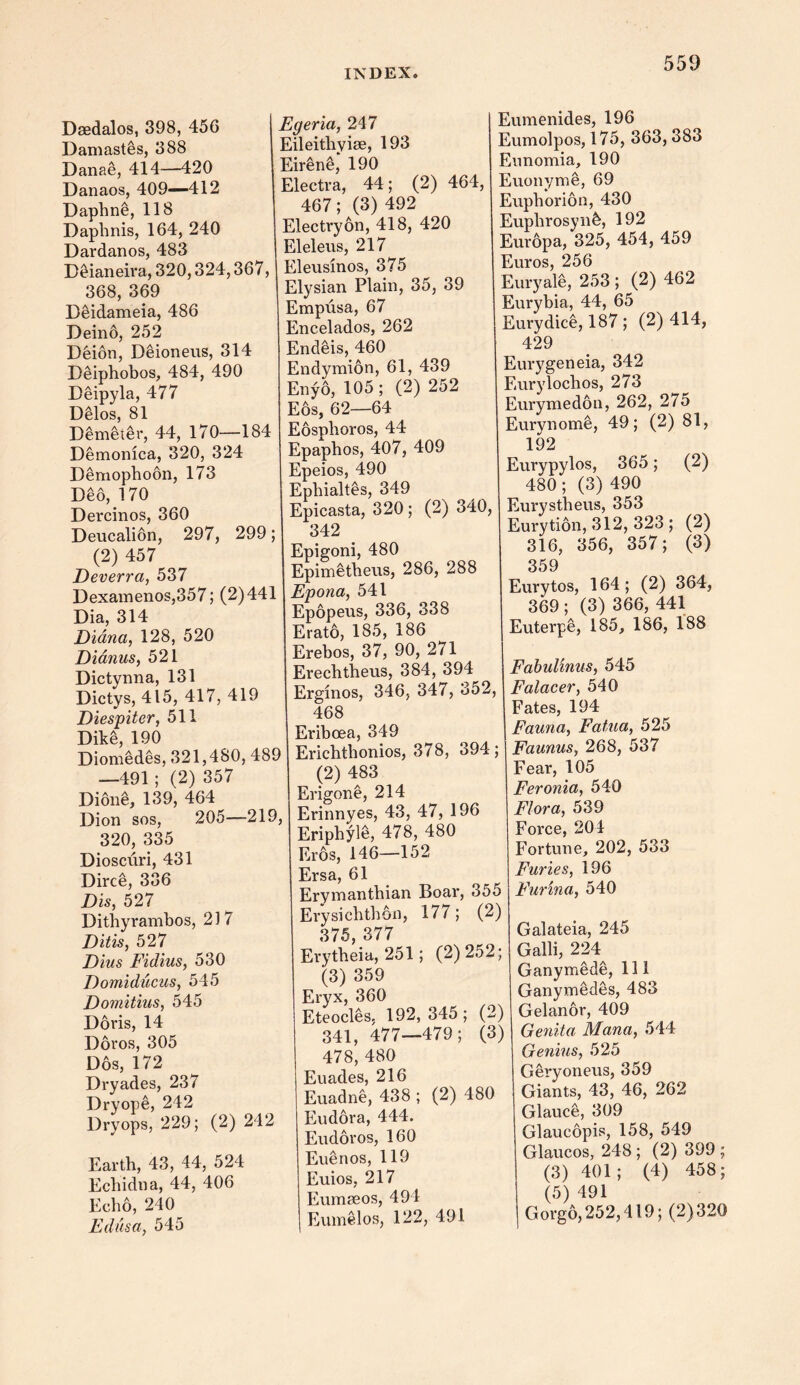 Deedalos, 398, 456 Damastes, 388 Danae, 414—420 Danaos, 409—412 Daphne, 118 Daphnis, 164, 240 Dardanos, 483 Deianeira, 320,324,367, 368, 369 Deidameia, 486 Deind, 252 Deion, Deioneus, 314 Deiphobos, 484, 490 Deipyla, 477 Delos, 81 Demeter, 44, 170—184 Demonica, 320, 324 Demophoon, 173 Deo, 170 Dercinos, 360 Deucalion, 297, 299; (2) 457 Deverra, 537 Dexamenos,357; (2)441 Dia, 314 Diana, 128, 520 Dianus, 521 Dictynna, 131 Dictys, 415, 417, 419 Diespiter, 511 Dike, 190 Diomedes, 321,480,489 —491 ; (2) 357 Dione, 139, 464 Dion sos, 205—219, 320, 335 Dioscuri, 431 Dirce, 336 Dis, 527 Dithyrambos, 2) 7 Ditis, 527 Dius Fidius, 530 Domiducus, 545 Domitius, 545 Doris, 14 Doros, 305 Dos, 172 Dryades, 237 Dryope, 242 Dryops, 229; (2) 242 Earth, 43, 44, 524 Echidna, 44, 406 Echo, 240 Edits a, 545 Egeria, 247 Eileithvise, 193 Eirene,* 190 Electra, 44; (2) 464, 467; (3) 492 Electryon, 418, 420 Eleleus, 217 Eleusinos, 375 Elysian Plain, 35, 39 Empusa, 67 Encelados, 262 Endeis, 460 Endymion, 61, 439 Enyo, 105 ; (2) 252 Eos, 62—64 Eosphoros, 44 Epaphos, 407, 409 Epeios, 490 Ephialtes, 349 Epicasta, 320; (2) 340, 342 Epigoni, 480 Epimetheus, 286, 288 Epona, 541 Epopeus, 336, 338 Erato, 185, 186 Erebos, 37, 90, 271 Erechtheus, 384, 394 Erginos, 346, 347, 352, 468 Eriboea, 349 Erichthonios, 378, 394; (2) 483 Erigone, 214 Erinnyes, 43, 47, 196 Eriphyle, 478, 480 Eros, 146—152 Ersa, 61 Erymanthian Boar, 355 Erysichthon, 177; (2) 375 377 Erytheia, 251; (2)252; (3) 359 Eryx, 360 Eteocles, 192,345; (2) 341, 477—479; (3) 478, 480 Euades, 216 Euadne, 438 ; (2) 480 Eudora, 444. Eudoros, 160 Euenos, 119 Euios, 217 Eumseos, 494 Eumelos, 122, 491 Eumenides, 196 Eumolpos, 175, 363,383 Eunomia, 190 Euonyme, 69 Euphorion, 430 Euphrosyn5, 192 Europa, 325, 454, 459 Euros, 256 Euryale, 253 ; (2) 462 Eurybia, 44, 65 Eurydice, 187; (2)414, 429 Eurygeneia, 342 Eurylochos, 273 Eurymedon, 262, 275 Eurynome, 49; (2) 81, 192 Eurypylos, 365; (2) 480; (3) 490 Eurystheus, 353 Eurytion, 312, 323 ; (2) 316, 356, 357; (3) 359 Eurytos, 164; (2) 364, 369 ; (3) 366, 441 Euterpe, 185, 186, 188 Fabulinus, 545 Falacei', 540 Fates, 194 Fauna, Fatua, 525 Faunusy 268, 537 Fear, 105 Feronia, 540 Flora, 539 Force, 201 Fortune, 202, 533 Furies, 196 Furina, 540 Galateia, 245 Galli, 224 Ganymede, 111 Ganymedes, 483 Gelanor, 409 Genita Mana, 544 Genius, 525 Geryoneus, 359 Giants, 43, 46, 262 Glauce, 309 Glaucopis, 158, 549 Glaucos, 248 ; (2) 399 ; (3) 401; (4) 458; (5) 491 Gorgo,252,4l9; (2)320