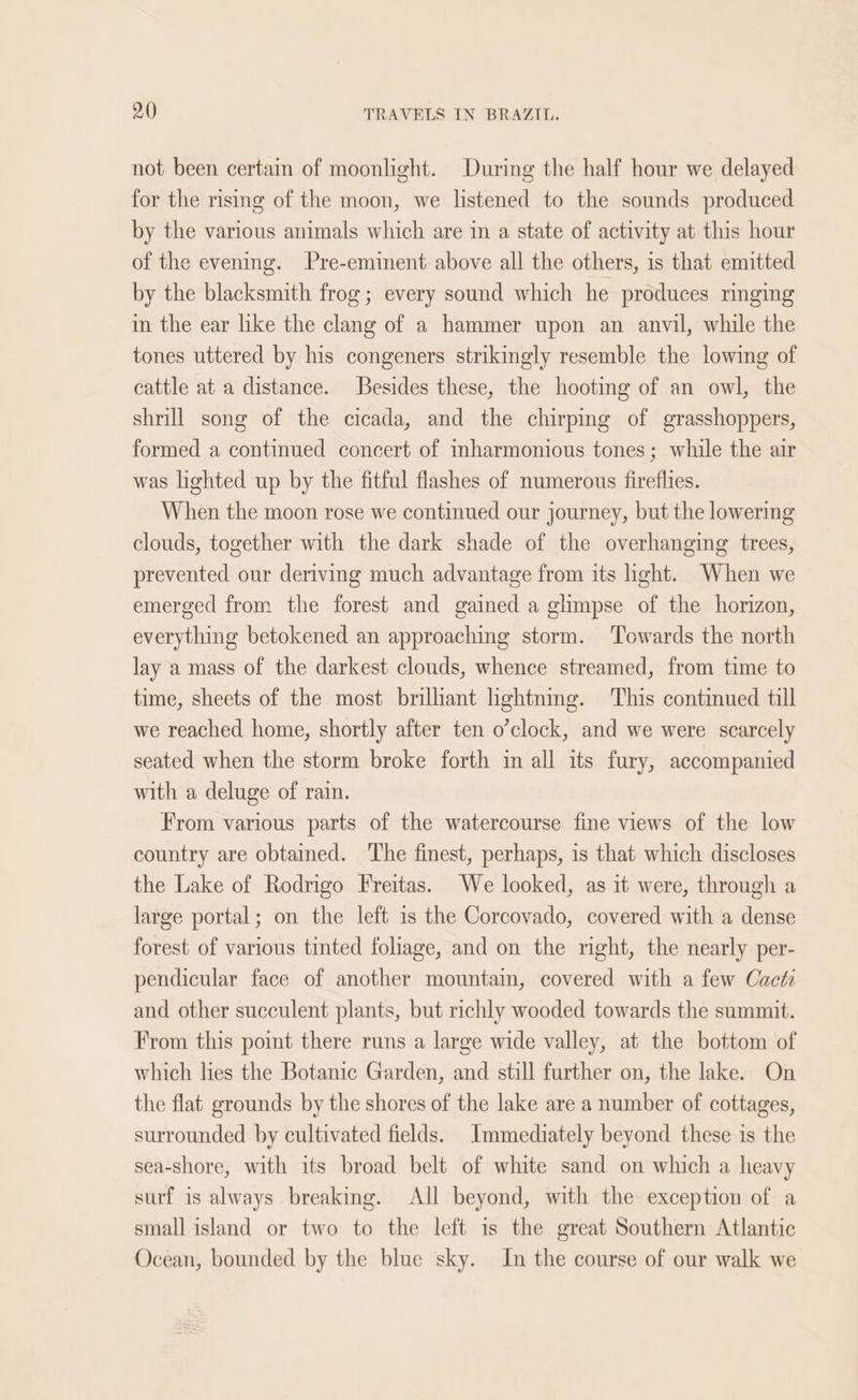 not been certain of moonlight. During the half hour we delayed for the rising of the moon, we listened to the sounds produced by the various animals which are in a state of activity at this hour of the evening. Pre-eminent above all the others, is that emitted by the blacksmith frog; every sound which he produces ringing in the ear like the clang of a hammer upon an anvil, while the tones uttered by his congeners strikingly resemble the lowing of cattle at a distance. Besides these, the hooting of an owl, the shrill song of the cicada, and the chirping of grasshoppers, formed a continued concert of inharmonious tones; while the air was lighted up by the fitful flashes of numerous fireflies. When the moon rose we continued our journey, but the lowering clouds, together with the dark shade of the overhanging trees, prevented our deriving much advantage from its hght. When we emerged from the forest and gained a ghmpse of the horizon, everything betokened an approaching storm. Towards the north lay a mass of the darkest clouds, whence streamed, from time to time, sheets of the most brilhant lightning. ‘This continued till we reached home, shortly after ten o’clock, and we were scarcely seated when the storm broke forth in all its fury, accompanied with a deluge of rain. From various parts of the watercourse fine views of the low country are obtained. The finest, perhaps, is that which discloses the Lake of Rodrigo Freitas. We looked, as it were, through a large portal; on the left is the Corcovado, covered with a dense forest of various tinted foliage, and on the right, the nearly per- pendicular face of another mountain, covered with a few Cacti and other succulent plants, but richly wooded towards the summit. From this pomt there runs a large wide valley, at the bottom of which lies the Botanic Garden, and still further on, the lake. On the flat grounds by the shores of the lake are a number of cottages, surrounded by cultivated fields. Immediately beyond these is the sea-shore, with its broad belt of white sand on which a heavy surf is always breaking. All beyond, with the exception of a small island or two to the left is the great Southern Atlantic Ocean, bounded by the blue sky. In the course of our walk we