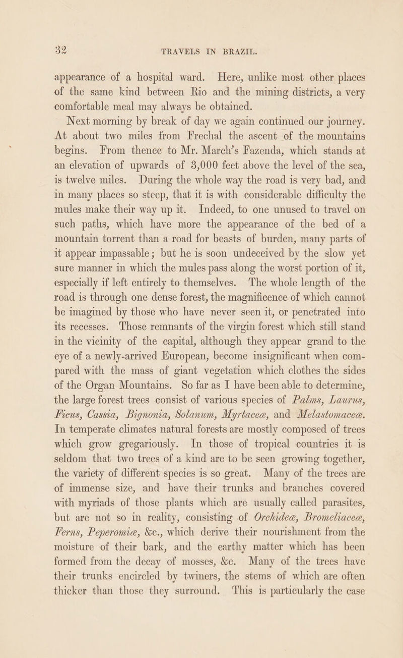 appearance of a hospital ward. Here, unlike most other places of the same kind between Rio and the mining districts, a very comfortable meal may always be obtained. Next morning by break of day we again continued our journey. At about two miles from Frechal the ascent of the mountains begins. From thence to Mr. March’s Fazenda, which stands at an elevation of upwards of 3,000 feet above the level of the sea, is twelve miles. During the whole way the road is very bad, and im many places so steep, that it is with considerable difficulty the mules make their way up it. Indeed, to one unused to travel on such paths, which have more the appearance of the bed of a mountain torrent than a road for beasts of burden, many parts of it appear impassable; but he 1s soon undeceived by the slow yet sure manner in which the mules pass along the worst portion of it, especially if left entirely to themselves. The whole length of the road is through one dense forest, the magnificence of which cannot be imagined by those who have never seen it, or penetrated into its recesses. Those remnants of the virgin forest which still stand in the vicinity of the capital, although they appear grand to the eye of a newly-arrived Kuropean, become insignificant when com- pared with the mass of giant vegetation which clothes the sides of the Organ Mountains. So far as I have been able to determine, the large forest trees consist of various species of Palms, Laurus, Fieus, Cassia, Bignonia, Solanum, Myrtaceae, and Melastomacee. In temperate climates natural forests are mostly composed of trees which grow gregariously. In those of tropical countries it is seldom that two trees of a kind are to be seen growing together, the variety of different species 1s so great. Many of the trees are of immense size, and have their trunks and branches covered with myriads of those plants which are usually called parasites, but are not so in reality, consisting of Orchidee, bromeliacea, Ferns, Peperomia, &amp;c., which derive their nourishment from the moisture of their bark, and the earthy matter which has been formed from the decay of mosses, &amp;c. Many of the trees have their trunks encircled by twiners, the stems of which are often thicker than those they surround. ‘This is particularly the case