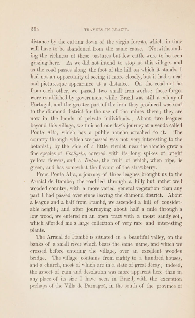 distance by the cutting down of the virgin forests, which in time will have to be abandoned from the same cause. Notwithstand- ing the richness of these pastures but few cattle were to be seen grazing here. As we did not intend to stop at this village, and as the road passes along the foot of the hill on which it stands, | had not an opportunity of seeing it more closely, but it had a neat and picturesque appearance at a distance. On the road not far from each other, we passed two small iron works; these forges were established by government while Brazil was still a colony of Portugal, and the greater part of the iron they produced was sent to the diamond district for the use of the mines there; they are now in the hands of private individuals... About two leagues beyond this village, we finished our day’s journey at a venda called Ponte Alta, which has a public rancho attached to it. The country through which we passed was not very interesting to the botanist ; by the side of a little mvulet near the rancho grew a fine species of Vochysia, covered with its long spikes of bright yellow flowers, and a Awdus, the fruit of which, when ripe, is green, aud has somewhat the flavour of the strawberry. From Ponte Alta, a journey of three leagues brought us to the Arraial de Itambé; the road led through a hilly but rather well wooded country, with a more varied general vegetation than any part I had passed over since leaving the diamond district. About a league and a half from Itambé, we ascended a hill of consider- able height ; and after journeying about half a mile through a low wood, we entered on an open tract with a moist sandy soil, which afforded me a large collection of very rare and interesting plants. The Arraial de Itambé is situated im a beautiful valley, on the banks of a small river which bears the same name, and which we crossed before entering the village, over an excellent wooden bridge. ‘The village contains from eighty to a hundred houses, and a church, most of which are in a state of great decay; indeed, the aspect of ruin and desolation was more apparent here than in any place of its size I have seen in Brazil, with the exception perhaps of the Villa de Parnagoa, in the south of the province of