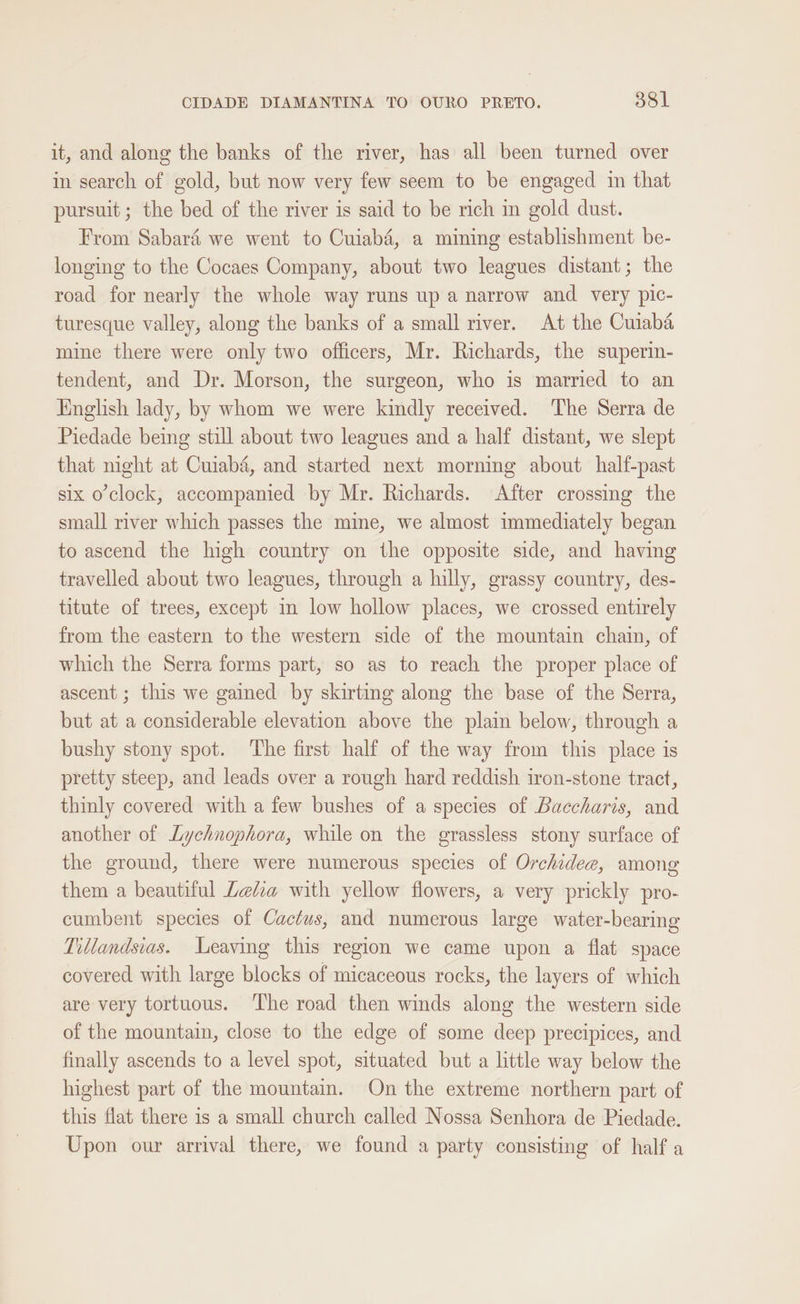 it, and along the banks of the river, has all been turned over in search of gold, but now very few seem to be engaged in that pursuit; the bed of the river is said to be rich in gold dust. From Sabaré we went to Cuiabé, a mining establishment be- longing to the Cocaes Company, about two leagues distant; the road for nearly the whole way runs up a narrow and very pic- turesque valley, along the banks of a small river. At the Cuiaba mine there were only two officers, Mr. Richards, the superin- tendent, and Dr. Morson, the surgeon, who is married to an English lady, by whom we were kindly received. The Serra de Piedade being still about two leagues and a half distant, we slept that night at Cuiaba, and started next morning about half-past six o’clock, accompanied by Mr. Richards. After crossing the small river which passes the mine, we almost immediately began to ascend the high country on the opposite side, and having travelled about two leagues, through a hilly, grassy country, des- titute of trees, except in low hollow places, we crossed entirely from the eastern to the western side of the mountain chain, of which the Serra forms part, so as to reach the proper place of ascent ; this we gained by skirting along the base of the Serra, but at a considerable elevation above the plain below, through a bushy stony spot. The first half of the way from this place is pretty steep, and leads over a rough hard reddish iron-stone tract, thmly covered with a few bushes of a species of Baccharis, and another of Lychnophora, while on the grassless stony surface of the ground, there were numerous species of Orchidee, among them a beautiful Lea with yellow flowers, a very prickly pro- cumbent species of Cactus, and numerous large water-bearing Tillandsias. Leaving this region we came upon a flat space covered with large blocks of micaceous rocks, the layers of which are very tortuous. ‘The road then winds along the western side of the mountain, close to the edge of some deep precipices, and finally ascends to a level spot, situated but a little way below the highest part of the mountain. On the extreme northern part of this flat there is a small church called Nossa Senhora de Piedade. Upon our arrival there, we found a party consisting of half a