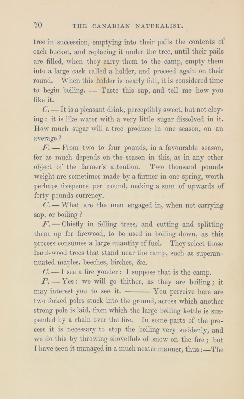 tree in succession, emptying into their pails the contents of each bucket, and replacing it under the tree, until their pails are filled, when they carry them to the camp, empty them into a large cask called a holder, and proceed again on their round. When this holder is nearly full, it is considered time to begin boiling. — Taste this sap, and tell me how you like it. C.— It is a pleasant drink, perceptibly sweet, but not cloy- ing: it is like water with a very little sugar dissolved in it. How much sugar will a tree produce in one season, on an average ? F. — From two to four pounds, in a favourable season, for as much depends on the season in this, as in any other object of the farmer’s attention. Two thousand pounds weight are sometimes made by a farmer in one spring, worth perhaps fivepence per pound, making a sum of upwards of forty pounds currency. C.— What are the men engaged in, when not carrying sap, or boiling ? F’. — Chiefly in felling trees, and cutting and splitting them up for firewood, to be used in boiling down, as this process consumes a large quantity of fuel. They select those hard-wood trees that stand near the camp, such as superan- nuated maples, beeches, birches, &amp;c. C.— I see a fire yonder: I suppose that is the camp. F’.— Yes: we will go thither, as they are boiling ; it may interest you to see it. You perceive here are two forked poles stuck into the ground, across which another strong pole is laid, from which the large boiling kettle is sus- pended by a chain over the fire. In some parts of the pro- cess it is necessary to stop the boiling very suddenly, and we do this by throwing shovelfuls of snow on the fire ; but I have seen it managed in a much neater manner, thus :—The