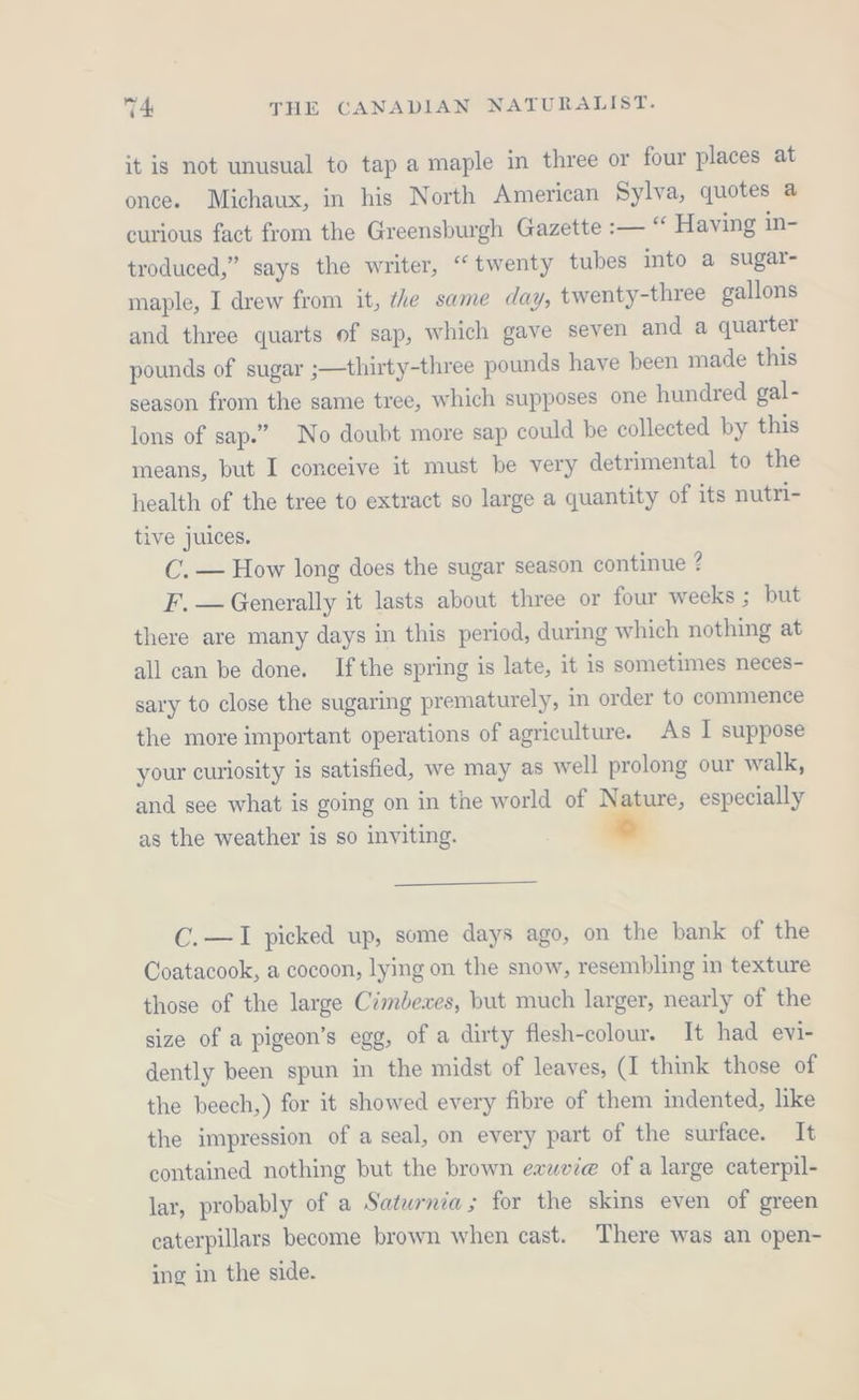 it is not unusual to tap a maple in three or four places at once. Michaux, in his North American Sylva, quotes a curious fact from the Greensburgh Gazette :— “ Having in- troduced,” says the writer, “twenty tubes into a sugar- maple, I drew from it, the same day, twenty-three gallons and three quarts of sap, which gave seven and a quarter pounds of sugar ;—thirty-three pounds have been made this season from the same tree, which supposes one hundred gal- lons of sap.” No doubt more sap could be collected by this means, but I conceive it must be very detrimental to the health of the tree to extract so large a quantity of its nutri- tive juices. C. — How long does the sugar season continue 7 F. — Generally it lasts about three or four weeks ; but there are many days in this period, during which nothing at all can be done. Ifthe spring is late, it is sometimes neces- sary to close the sugaring prematurely, in order to commence the more important operations of agriculture. As I suppose your curiosity is satisfied, we may as well prolong our walk, and see what is going on in the world of Nature, especially as the weather is so inviting. » C.—I picked up, some days ago, on the bank of the Coatacook, a cocoon, lying on the snow, resembling in texture those of the large Cimbexes, but much larger, nearly of the size of a pigeon’s egg, of a dirty flesh-colour. It had evi- dently been spun in the midst of leaves, (I think those of the beech,) for it showed every fibre of them indented, like the impression of a seal, on every part of the surface. It contained nothing but the brown exuvde of a large caterpil- lar, probably of a Satwrnia; for the skins even of green caterpillars become brown when cast. There was an open- ing in the side.