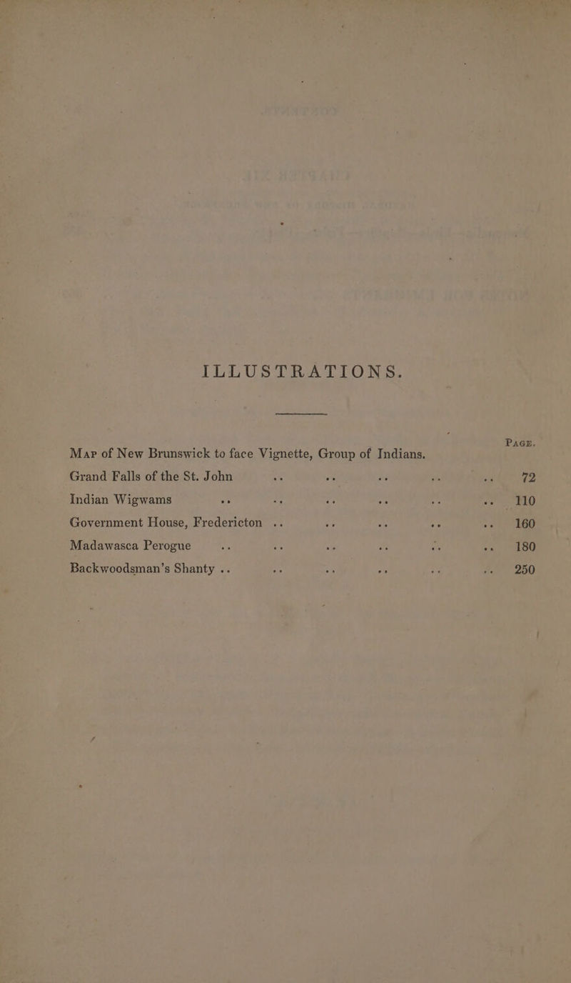ILLUSTRATIONS. Map of New Brunswick to face Vignette, Group of Indians. ae: Grand Falls of the St. John e% een 4a a r 72 Indian Wigwams ae a ea fe 4 sv PED Government House, Fredericton .. i sf ve -» GD Madawasca Perogue Avs ae NP ep vs ~. 180 Backwoodsman’s Shanty .. tes ie wig as: fa ma
