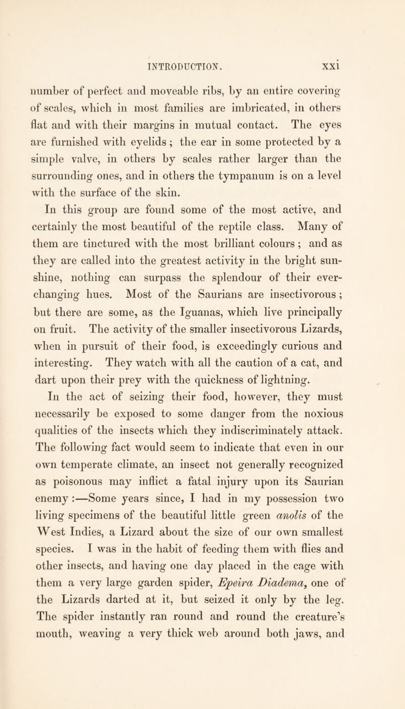 number of perfect and moveable ribs, by an entire covering of scales, which in most families are imbricated, in others flat and with their margins in mutual contact. The eyes are furnished with eyelids; the ear in some protected by a simple valve, in others by scales rather larger than the surrounding ones, and in others the tympanum is on a level with the surface of the skin. In this group are found some of the most active, and certainly the most beautiful of the reptile class. Many of them are tinctured with the most brilliant colours ; and as they are called into the greatest activity in the bright sun- shine, nothing can surpass the splendour of their ever- changing hues. Most of the Saurians are insectivorous; but there are some, as the Iguanas, which live principally on fruit. The activity of the smaller insectivorous Lizards, when in pursuit of their food, is exceedingly curious and interesting. They watch with all the caution of a cat, and dart upon their prey with the quickness of lightning. In the act of seizing their food, however, they must necessarily be exposed to some danger from the noxious qualities of the insects which they indiscriminately attack. The following fact would seem to indicate that even in our own temperate climate, an insect not generally recognized as poisonous may inflict a fatal injury upon its Saurian enemy :—Some years since, I had in my possession two living specimens of the beautiful little green anolis of the West Indies, a Lizard about the size of our own smallest species. I was in the habit of feeding them with flies and other insects, and having one day placed in the cage with them a very large garden spider, Epeira Diadema, one of the Lizards darted at it, but seized it only by the leg. The spider instantly ran round and round the creature’s mouth, weaving a very thick web around both jaws, and