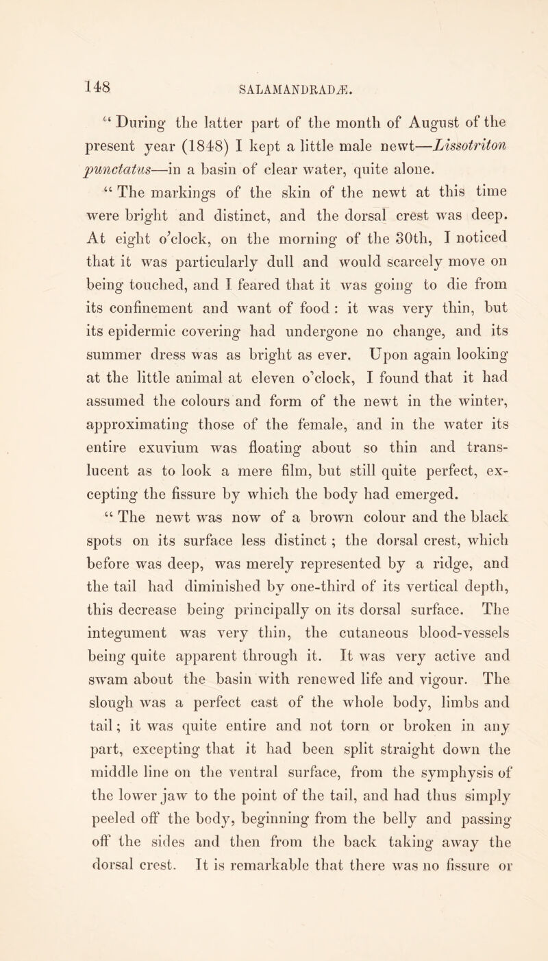 During the latter part of the month of August of the present year (1848) I kept a little male newt—Lissotriton punctatus—in a basin of clear water, quite alone. “ The markings of the skin of the newt at this time were bright and distinct, and the dorsal crest was deep. At eight o’clock, on the morning of the 80th, I noticed that it was particularly dull and would scarcely move on being touched, and I feared that it was going to die from its confinement and want of food : it w^as very thin, but its epidermic covering had undergone no change, and its summer dress w'as as bright as ever. Upon again looking at the little animal at eleven o’clock, I found that it had assumed the colours and form of the newt in the winter, approximating those of the female, and in the water its entire exuvium was floating about so thin and trans- lucent as to look a mere film, but still quite perfect, ex- cepting the fissure by which the body had emerged. “ The newt was now of a brown colour and the black spots on its surface less distinct ; the dorsal eldest, which before was deep, was merely represented by a ridge, and the tail had diminished by one-third of its vertical depth, this decrease being principally on its dorsal surface. The integument was very thin, the cutaneous blood-vessels being quite apparent through it. It was very active and sw^am about the basin with renewed life and vigour. The slough was a perfect cast of the whole body, limbs and tail; it was quite entire and not torn or broken in any part, excepting that it had been split straight down the middle line on the ventral surface, from the symphysis of the low^er jaw' to the point of the tail, and had thus simply peeled off the body, beginning from the belly and passing off the sides and then from the back taking away the dorsal crest. It is remarkable that there was no fissure or