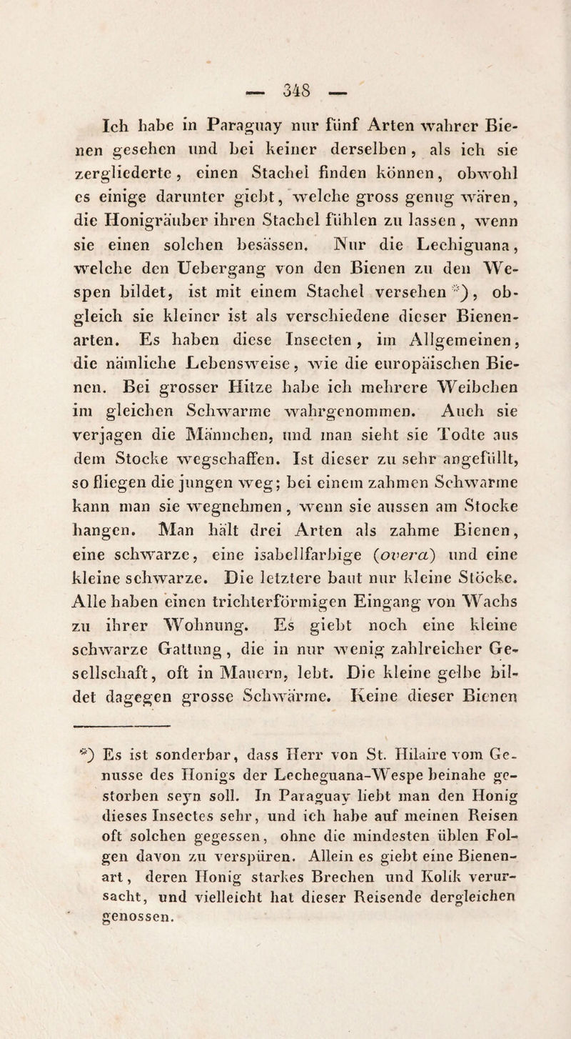 Ich habe in Paraguay nur fünf Arten wahrer Bie¬ nen gesehen und bei keiner derselben, als ich sie zergliederte, einen Stachel finden können, obwohl es einige darunter giebt, welche gross genug waren, die Honigräuber ihren Stachel fühlen zu lassen , wenn sie einen solchen besässen. Nur die Lechiguana, welche den Uebergang von den Bienen zu den We¬ spen bildet, ist mit einem Stachel versehen ), ob¬ gleich sie kleiner ist als verschiedene dieser Bienen¬ arten. Es haben diese Insecten, im Allgemeinen, die nämliche Lebensweise, wie die europäischen Bie¬ nen. Bei grosser Hitze habe ich mehrere Weibchen im gleichen Schwarme wahrgenommen. Auch sie verjagen die Männchen, und man sieht sie Todte aus dem Stocke wegschaffen. Ist dieser zu sehr angefullt, so fliegen die jungen weg; bei einem zahmen Schwarme kann man sie wegnehmen , wenn sie aussen am Stocke hangen. Man hält drei Arten als zahme Bienen, eine schwarze, eine isabellfarbige (overa) und eine kleine schwarze. Die letztere baut nur kleine Stöcke. Alle haben einen trichterförmigen Eingang von Wachs zu ihrer Wohnung. Es giebt noch eine kleine schwarze Gattung , die in nur wenig zahlreicher Ge¬ sellschaft, oft in Mauern, lebt. Die kleine gelbe bil¬ det dagegen grosse Schwärme. Keine dieser Bienen *) Es ist sonderbar, dass Herr von St. Hilaire vom Ge¬ nüsse des Honigs der Lecheguana-Wespe beinahe ge¬ storben seyn soll. In Paraguay liebt man den Honig dieses Insectes sehr, und ich habe auf meinen Reisen oft solchen gegessen, ohne die mindesten üblen Fol¬ gen davon zu verspüren. Allein es giebt eine Bienen¬ art , deren Honig starkes Brechen und Kolik verur¬ sacht, und vielleicht hat dieser Reisende dergleichen genossen.