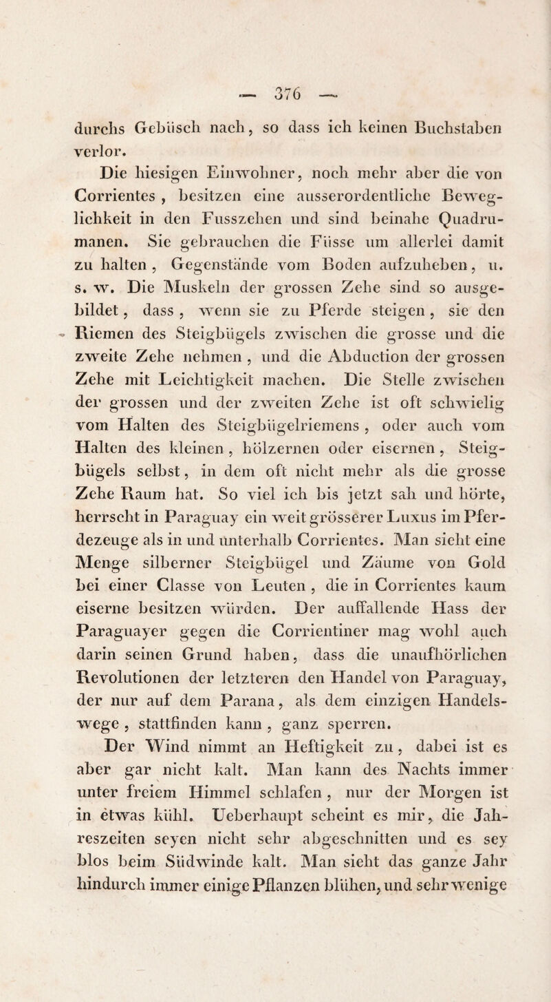 durchs Gebüsch nach, so dass ich keinen Buchslaben verlor. Die hiesigen Einwohner, noch mehr aber die von Corrientes , besitzen eine ausserordentliche Beweg¬ lichkeit in den Fusszehen und sind beinahe Quadru- manen. Sie gebrauchen die Füsse um allerlei damit zu halten , Gegenstände vom Boden aufzuheben, u. s. w. Die Muskeln der grossen Zehe sind so ausge¬ bildet j dass , wenn sie zu Pferde steigen, sie den - Riemen des Steigbügels zwischen die grosse und die zweite Zehe nehmen , und die Abduction der grossen Zehe mit Leichtigkeit machen. Die Stelle zwischen der grossen und der zweiten Zehe ist oft schwielig vom Halten des Steigbügelriemens , oder auch vom Halten des kleinen , hölzernen oder eisernen , Steig¬ bügels selbst, in dem oft nicht mehr als die grosse Zehe Raum hat. So viel ich bis jetzt sah und hörte, herrscht in Paraguay ein weit grösserer Luxus im Pfer¬ dezeuge als in und unterhalb Corrientes. Man sieht eine Menge silberner Steigbügel und Zaume von Gold bei einer Classe von Leuten , die in Corrientes kaum eiserne besitzen würden. Der auffallende Hass der Paraguayer gegen die Corrientiner mag wohl auch darin seinen Grund haben, dass die unaufhörlichen Revolutionen der letzteren den Handel von Paraguay, der nur auf dem Parana, als dem einzigen Handels¬ wege , stattfinden kann , ganz sperren. Der Wind nimmt an Heftigkeit zu , dabei ist es aber gar nicht kalt. Man kann des Nachts immer unter freiem Himmel schlafen , nur der Morgen ist in etwas kühl. Ueberhaupt scheint es mir, die Jah¬ reszeiten seyen nicht sehr abgeschnitten und es sey blos beim Südwinde kalt. Man sieht das ganze Jahr hindurch immer einige Pflanzen blühen, und sehr wenige