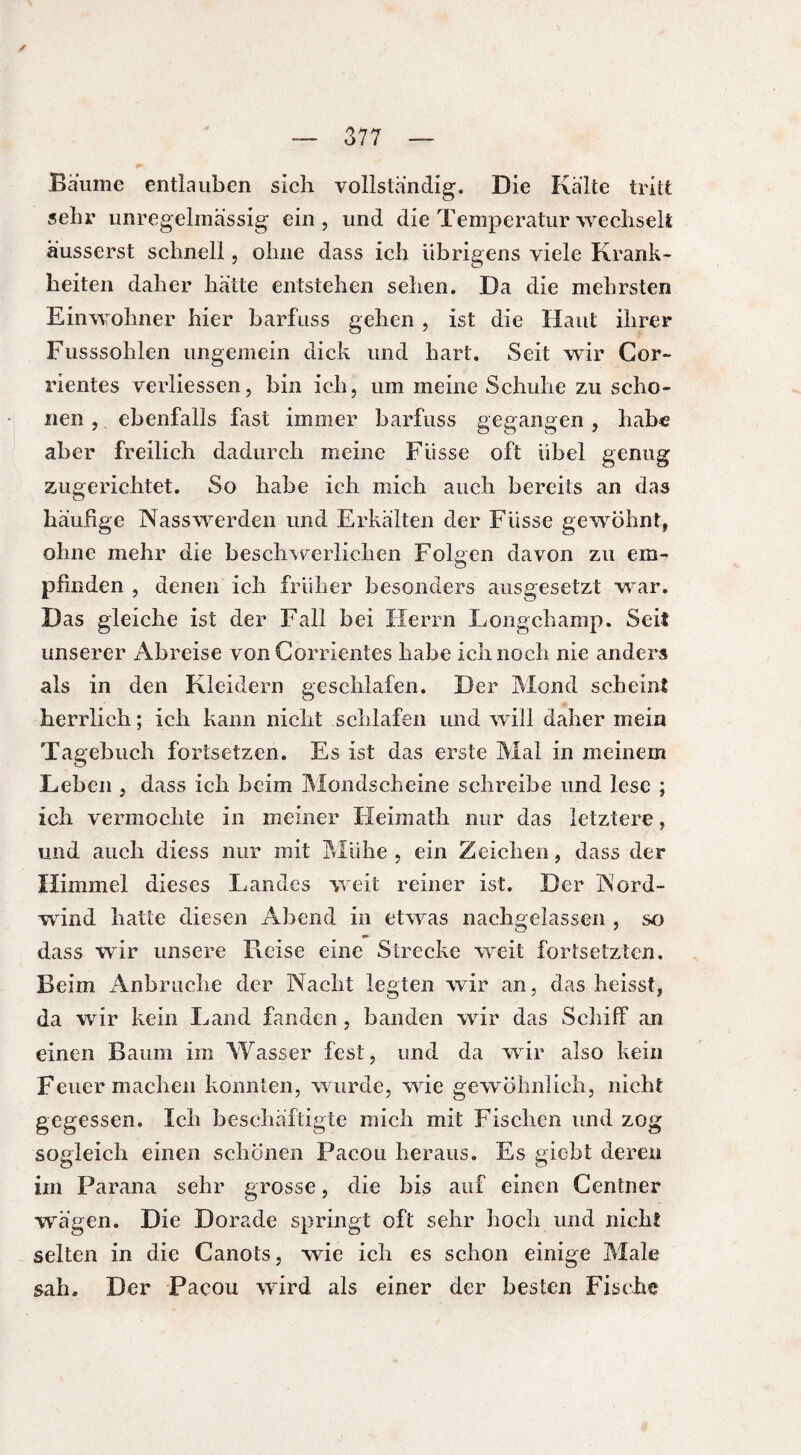 Baume entlauben sich vollständig. Die Kalte tritt sehr unregelmässig ein, und die Temperatur wechselt äusserst schnell, ohne dass ich übrigens viele Krank¬ heiten daher hätte entstehen sehen. Da die mehrsten Einwohner hier barfuss gehen , ist die Haut ihrer Fusssohlen ungemein dick und hart. Seit wir Cor- rientes verliessen, bin ich, um meine Schuhe zu scho¬ nen , ebenfalls fast immer barfuss gegangen , habe aber freilich dadurch meine Fiisse oft übel genug zugerichtet. So habe ich mich auch bereits an das häufige Nasswerden und Erkälten der Füsse gewöhnt, ohne mehr die beschwerlichen Folgen davon zu em¬ pfinden , denen ich früher besonders ausgesetzt war. Das gleiche ist der Fall bei Herrn Longchamp. Seit unserer Abreise von Corrientes habe ich noch nie anders als in den Kleidern geschlafen. Der Mond scheint herrlich; ich kann nicht schlafen und will daher mein Tagebuch fortsetzen. Es ist das erste Mal in meinem Leben , dass ich beim Mondscheine schreibe und lese ; ich vermochte in meiner Heimath nur das letztere, und auch diess nur mit Mühe , ein Zeichen, dass der Himmel dieses Landes weit reiner ist. Der Nord- wund hatte diesen Abend in etwas nachgelassen , so dass wir unsere Reise eine Strecke weit fortsetzten. Beim Anbruche der Nacht legten wir an, das heisst, da wir kein Land fanden , banden wir das Schiff an einen Baum im Wasser fest, und da wir also kein Feuer machen konnten, ■wurde, wie gewöhnlich, nicht gegessen. Ich beschäftigte mich mit Fischen und zog sogleich einen schönen Pacou heraus. Es giebt deren im Parana sehr grosse, die bis auf einen Centner wägen. Die Dorade springt oft sehr hoch und nicht selten in die Canots, wie ich es schon einige Male sah» Der Pacou wird als einer der besten Fische