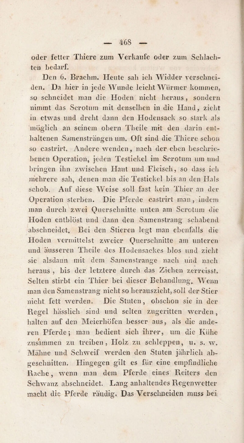 oder fetter Thiere zum Verkaufe oder zum Schlach¬ ten bedarf. Den 6. Brachm. Heute sah ich Widder verschnei¬ den, Da hier in jede Wunde leicht Würmer kommen, so schneidet man die Hoden nicht heraus, sondern nimmt das Scrotum mit denselben in die Hand, zieht in etwas und dreht dann den Hodensack so stark als möglich an seinem obern Theile mit den darin ent¬ haltenen Samensträngen um. Oft sind die Thiere schon so castrirt» Andere wenden, nach der eben beschrie¬ benen Operation, jeden Testiekel im Scrotum um und bringen ihn zwischen Haut und Fleisch, so dass ich mehrere sah, denen man die Testiekel bis an den Hals schob. Auf diese Weise soll fast kein Thier an der Operation sterben. Die Pferde castrirt man, indem man durch zwei Querschnitte unten am Scrotum die Hoden entbleist und dann den Samenstrang schabend abschneidei. Bei den Stieren legt man ebenfalls die Hoden vermittelst zweier Querschnitte am unteren und äusseren Theile des Hodensackes blos und zieht sie alsdann mit dem Samenstrange nach und nach heraus , bis der letztere durch das Ziehen zerreisst. Selten stirbt ein Thier bei dieser Behandlung» Wenn man den Samenstrang nicht so herauszieht, soll der Stier nicht fett werden. Die Stuten, obschon sie in der Regel hässlich sind und selten zugeritten werden, halten auf den Meierhofen besser aus, als die ande¬ ren Pferde; man bedient sich ihrer, um die Kühe zusammen zu treiben, Holz zu schleppen, u. s. w. Mähne und Schweif werden den Stuten jährlich ab¬ geschnitten. Hingegen gilt es für eine empfindliche Bache, wenn man dem Pferde eines Reiters den Schwanz abschneidet. Lang anhaltendes Regenwetter macht die Pferde räudig. Das Verschneiden muss bei