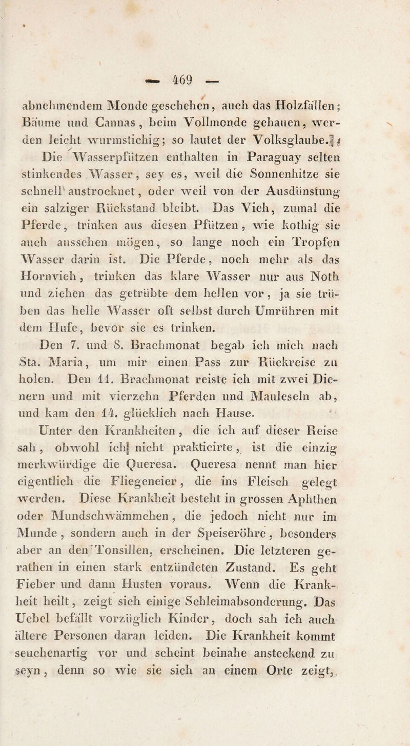 abnehmendem Monde geschehen, auch das Holzfällen; Bäume und Cannas, beim Vollmonde gehauen, wer¬ den leicht wurmstichig; so lautet der Volksglaube.! $ Die Wasserpfützen enthalten in Paraguay selten stinkendes Wasser, sey es, weil die Sonnenhitze sie schnell austrocknet, oder weil von der Ausdünstung ein salziger Rückstand bleibt. Das Vieh, zumal die Pferde, trinken aus diesen Pfützen, wie kothig sie auch anssehen mögen, so lange noch ein Tropfen Wasser darin ist. Die Pferde, noch mehr als das Hornvieh, trinken das klare Wasser nur aus Noth und ziehen das getrübte dem hellen vor, ja sie trü¬ ben das heile Wasser oft selbst durch Umrühren mit dem Hufe, bevor sie es trinken. Den 7. und 8. Brachmonat begab ich mich nach Sta. Maria, um mir einen Pass zur Rückreise zu holen. Den 11. Brachmonat reiste ich mit zwei Die¬ nern und mit vierzehn Pferden und Mauleseln ab, und kam den 14. glücklich nach Hause. Unter den Krankheiten , die ich auf dieser Reise sah, obwohl ichf nicht prakticirte, ist die einzig merkwürdige die Queresa. Queresa nennt man hier eigentlich die Fliegeneier, die ins Fleisch gelegt werden. Diese Krankheit besteht in grossen Aphthen oder Mundschwämmchen, die jedoch nicht nur im Munde , sondern auch in der Speiseröhre , besonders aber an den Tonsillen, erscheinen. Die letzteren ge- rathen in einen stark entzündeten Zustand. Es geht Fieber und dann Husten voraus. Wenn die Krank¬ heit heilt, zeigt sich einige Sehleimabsonderung. Das Uebel befallt vorzüglich Kinder, doch sah ich auch ältere Personen daran leiden. Die Krankheit kommt seuchenartig vor und scheint beinahe ansteckend zu seyn, denn so wie sie sich an einem Orte zeigt.