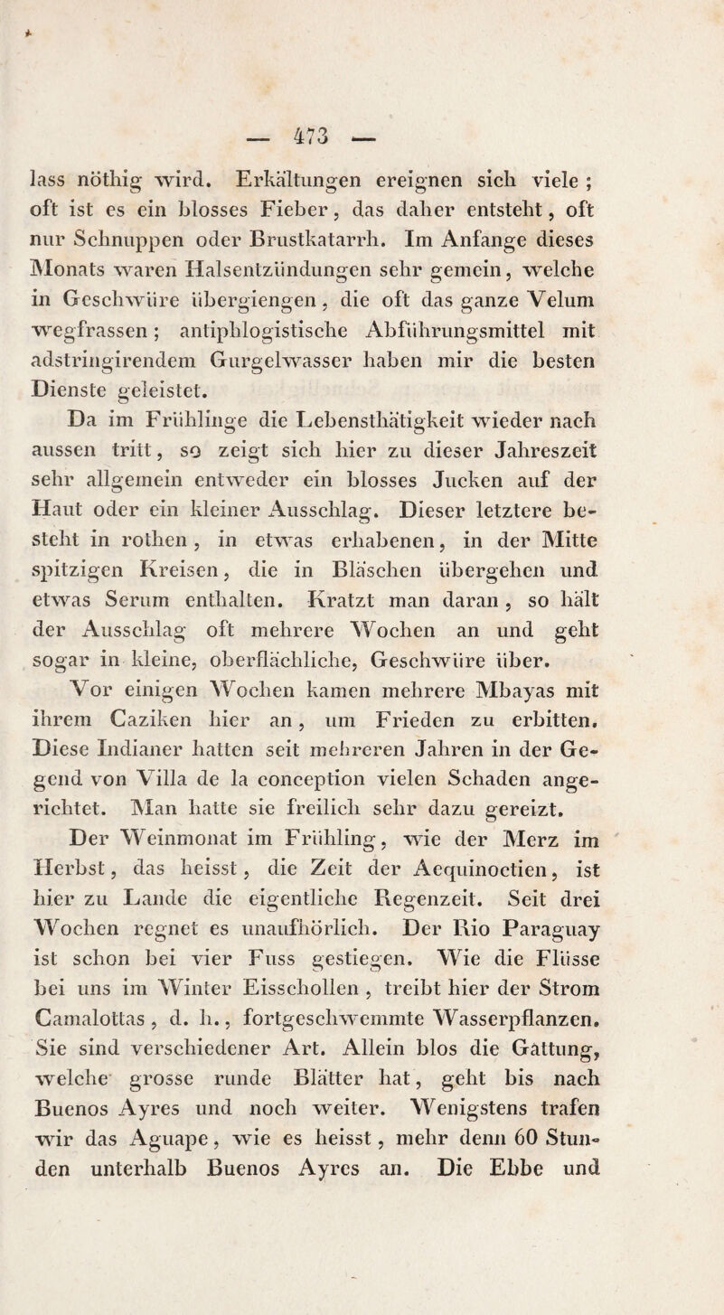 lass nöthig wird. Erkältungen ereignen sich viele ; oft ist es ein blosses Fieber, das daher entsteht, oft nur Schnuppen oder Brustkatarrh. Im Anfänge dieses Monats waren Halsentzündungen sehr gemein, welche in Geschwüre übergiengen, die oft das ganze Velum wegfrassen ; antiphlogistische Abführungsmittel mit adstringirendem Gurgelwasser haben mir die besten Dienste geleistet. Da im Frühlinge die Lebensthätigkeit wieder nach aussen tritt, so zeigt sich hier zu dieser Jahreszeit sehr allgemein entweder ein blosses Jucken auf der Haut oder ein kleiner Ausschlag. Dieser letztere be¬ steht in rothen, in etwas erhabenen, in der Mitte spitzigen Kreisen, die in Bläschen übergehen und etwas Serum enthalten. Kratzt man daran , so hält der Ausschlag oft mehrere Wochen an und geht sogar in kleine, oberflächliche, Geschwüre über. Vor einigen Wochen kamen mehrere Mbayas mit ihrem Caziken hier an, um Frieden zu erbitten. Diese Indianer hatten seit mehreren Jahren in der Ge¬ gend von Villa de la conception vielen Schaden ange¬ richtet. Man hatte sie freilich sehr dazu gereizt. Der Weinmonat im Frühling, wie der Merz im Herbst, das heisst, die Zeit der Aequinoctien, ist hier zu Lande die eigentliche Regenzeit. Seit drei Wochen regnet es unaufhörlich. Der Rio Paraguay ist schon bei vier Fuss gestiegen. Wie die Flüsse bei uns im Winter Eisschollen , treibt hier der Strom Camalottas , d. h., fortgeschwemmte Wasserpflanzen. Sie sind verschiedener Art. Allein blos die Gattung, welche grosse runde Blätter hat, geht bis nach Buenos Ayres und noch weiter. Wenigstens trafen wir das Aguape, wie es heisst, mehr denn 60 Stun¬ den unterhalb Buenos Ayres an. Die Ebbe und