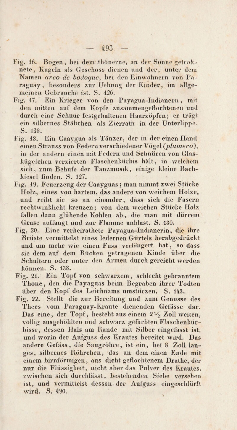 Fig. 16. Bogen, bei dem thönerne, an der Sonne getrok- nete, Kugeln als Geschoss dienen und der, unter dem Namen arco de bodoque, bei den Einwohnern von Pa¬ raguay, besonders zur Hebung der Kinder, im allge¬ meinen Gebrauche ist. S. 126. Fig. 17, Ein Krieger von den Payagua-Indianern, mit den mitten auf dem Kopfe zusammengeflochtenen und durch eine Schnur feslgehaltenen Haarzöpfen; er trägt ein silbernes Stäbchen als Zierrath in der Unterlippe, S. 138. Fig. 18. Ein Caaygua als Tänzer, der in der einen Hand einen Strauss von Federn verschiedener Vögel ([plumero), in der andern einen mit Federn und Schnüren von Glas¬ kügelchen verzierten Flaschenkürbis hält, in welchem sich, zum Behufe der Tanzmusik, einige kleine Bach¬ kiesel linden. S. 127. Fig. 19. Feuerzeug der Caayguas ; man nimmt zwei Stücke Holz, eines von hartem, das andere von weichem Holze, und reibt sie so an einander, dass sich die Fasern rechtwinklicht kreuzen; von dem weichen Stücke Holz fallen dann glühende Kohlen ab, die man mit dürrem Grase auf fangt und zur Flamme anblast, S. 130. Fig, 20. Eine verheirathete Payagua-Indianerin, die ihre Brüste vermittelst eines ledernen Gürtels herabgedrückt und um mehr wie einen Fuss verlängert hat, so dass sie dem auf dem Rücken getragenen Kinde über die Schultern oder unter den Armen durch gereicht werden können. S. 138. Fig. 21. Ein Topf von schwarzem, schlecht gebranntem Thone, den die Payaguas beim Begraben ihrer Todten über den Kopf des Leichnams Umstürzen, S. 143. Fig. 22. Stellt die zur Bereitung und zum Genüsse des Thees vom Paraguay-Kraute dienenden Gefässe dar. Das eine, der Topf, besteht aus einem 2V2 Zoll weiten, völlig ausgehöhlten und schwarz gefärbten Flaschenkür¬ bisse, dessen Hals am Rande mit Silber eingefasst ist, und worin der Aufguss des Krautes bereitet wird. Das andere Gefäss, die Saugröhre, ist ein, bei 8 Zoll lan¬ ges, silbernes Röhrchen, das an dem einen Ende mit einem bimförmigen, aus dicht geflochtenem Drathe, der nur die Flüssigkeit, nicht aber das Pulver des Krautes, zwischen sich durchlässt, bestehenden Siebe versehen ist, und vermittelst dessen der Aufguss eingeschlürft wird. S. 490,