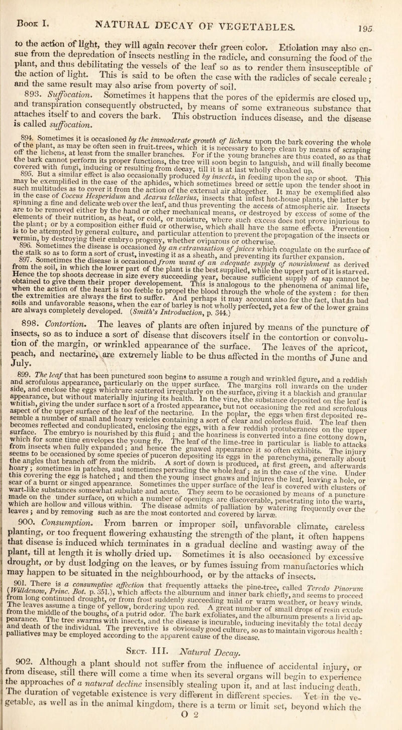 NATURAL DECAY OF VEGETABLES. 195 to the action of light, they will again recover their green color. Etiolation may also en¬ sue from the depredation of insects nestling in the radicle, and consuming the food of the p ant, and thus debilitating the vessels of the leaf so as to render them insusceptible of the action of light. This is said to be often the case with the radicles of secale cereale ; and the same result may also arise from poverty of soil. 893. Suffocation. Sometimes it happens that the pores of the epidermis are closed up, and transpiration consequently obstructed, by means of some extraneous substance that attaches itself to and covers the bark. This obstruction induces disease, and die disease is called suffocation. Sometimes it is occasioned by the immoderate growth of lichens upon the bark covering the whole S ^ ?\ b aS be °/ten sten in fruit-trees, which it is necessary to keep clean by means of scmS ... ^eJlcllens» at least from the smaller branches. For if the young branches are thus coated so as that *be b^,k c.ai?n°t Pe.rf?rm its proper functions, the tree will soon begin to languish, and will finally become 8or nWfth funp’ induc'inS *?r resulting from decay, till it is at last wholly choaked up. Y n ^ut a similar effect is also occasionally produced by insects, in feeding upon the sap or shoot. This aT )G oxemplified m the case of the aphides, which sometimes breed or settle upon the tender shoot in mCm^UltltUcaS t0 £fver from the action of the external air altogether. It may be exemplified also in the case of Coccus Hespendum and Acarus tellarius, insects that infest hot-house plants, the latter bv T* a bne a jd dehcate web over the leaf, and thus preventing the access of atmospheric air Insects are to be removed either by the hand or other mechanical means, or destroyed bv excess of some of the t J neir nutntl0n> as heat’ °^cold’ or moisture, where’such excels dcS not prove Srious to the plant; or by a composition either fluid or otherwise, which shall have the same effects Prevention is to be attempted by general culture, and particular attention to prevent the propagation of the insects or vermm by destroying their embryo progeny, whether oviparous or otherwise thestalk°S^1toSfSm?«nrt l.onedf^ a?l extravasation of juices which coagulate on the surface of 8Q7 Snmetfmes Ihc °- CrUSt* mvefi,g it as a sheath, and preventing its further expansion. frnnJtlfp snfl1 1 1S occasioned/ro™ want of an adequate supply of nourishment as derived HenceP-art °f thC plant S the best suW)lied- while the upper part of it is starved. t0P sh°ots decrease m size every succeeding year, because sufficient supply of sap cannot be obtained to give them their proper developement. This is analogous to the phenomena of animal life when the action of the heart is too feeble to propel the blood through the whole of the system • for then the extremities are always the first to suffer. And perhaps it may account also for the fact^ thatin bad soils and unfavorable seasons, when the ear of barley is not wholly perfected, yet a few of the lower grains are always completely developed. (Smith’s Introduction, p. 344.) g . 898, Contortion. The leaves of plants are often injured by means of the puncture of insects, so as to induce a sort of disease that discovers itself in the contortion or convolu- tion of the margin, or wrinkled appearance of the surface. The leaves of the apricot, peach, and nectarine, are extremely liable to be thus affected in the months of June and July. 899. The leaf that has been punctured soon begins to assume a rough and wrinkled figure and a reddish cmi80/ 0? apIlearance> Part'cularly on the upper surface. The margins roll Awards’ on the under side, and enclose the eggs which-are scattered irregularly on the surface, giving it a blackish and o-ranular uPhnfufnc.e».but withou-1 materially injuring its health. In the vine, the substance deposited on the leaf is und®r surJace a sort of a frosted appearance, but not occasioning the red and scrofulous tbe uPPer surface of the leaf of the nectarine. In the poplar, the eggs when first deposited re- a niflm^ea °f and hoary vesicles containing a sort of clear and colorless fluid. The leaf then snrfWS ri;dected and conduplicated, enclosing the eggs, with a few reddish protuberances on the upper su face. The embryo is nourished by this fluid : and the hoariness is converted into a fine cottonv down which for some time envelopes the young fly. ihe leaf of the lime-tree in particular is liSle to attach from insects when fully expanded; and hence the gnawed appearance it so often exhibits. Theiniurv seems to be occasioned by some snecies of puceron depositing its eggs in the parenchyma generally about the angles that branch off from the midrib. A sort of down is produced, at first green’ !nd afterwards hociry , sometimes in patches, and sometimes pervading the whole leaf; as in the case of the vine Undpl fr XTg ?e egg is batched * and then thl young insect gnaws and injtmes theTeaf, E h£f£ scar of a burnt or singed appearance. Sometimes the upper surface of the leaf is covered with clusters of wart-like substances somewhat subulate and acute. They seem to be occasioned by means of a puncture made on the under surface, on which a number of openings are discoverable, penetrating into the warts which are hollow and villous within. The disease admits* of palliation by wateringfreqi eiftlriovJr ffie leaves ; and by removing such as are the most contorted and covered by larva. q y th 900. Consumption. From barren or improper soil, unfavorable climate, careless planting or too frequent flowering exhausting the strength of the plant, it often happens that disease is induced which terminates in a gradual decline and wasting away of the plant, till at length it is wholly dried up. Sometimes it is also occasioned by excessive drought, or by dust lodging on the leaves, or by fumes issuing from manufactories which may happen to be situated in the neighbourhood, or by the attacks of insects. iTiP°///rherer1is a cPn&umptivc affection that frequently attacks the pine-tree, called Teredo Pmnrwm (WMdenow, Brine. Bot. p. 351.), which affects the alburnum and inner bark chiefly and seems to nroceod The^leav^ass^urne a tffief^of’wlffi01*! Suddenly speeding mild or warm weather, or heavy winds ath. leaves assume a tinge of yellow, bordering upon red. A great number of small drons of rosin pvnH» pearamem The tfee^a^w ^® pUt?d °d?rfj Tbe bark exfoliates, and the alburnum presents a livid ap- and death of the mu insects* and *he dl8.ease is incurable, inducing inevitably the total decay palliatives ma^v bp^mnhwpH JhCf 7 f 18 ob™usly good culture, so as to maintain vigorous health : pauiauves may be employed according to the apparent cause of the disease. Sect. III. Natural Decay. 902. Although a plant should not suffer from the influence of accidental injury, or from disease, still there will come a time when its several organs will begin to experience j: !be aPProaches a natural decline insensibly stealing upon it, and at last inducing death ; lhe duration of vegetable existence is very different in different species. Yet in the ve- j getabJe, as well as in the animal kingdom, there is a term or limit set, beyond which the