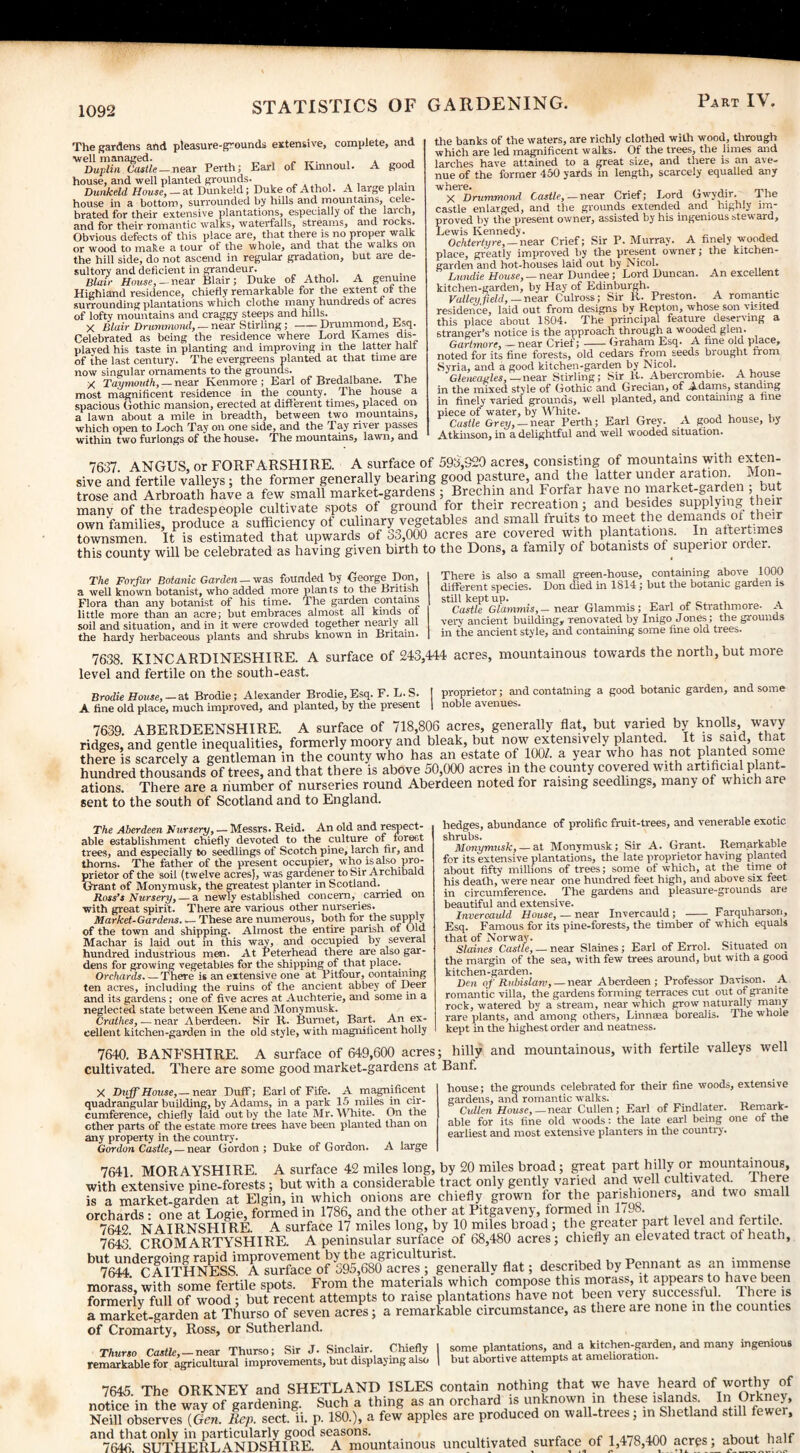 The gardens and pleasure-grounds extensive, complete, and well managed. „ , _ , , - Duplin Castle — near Perth; Earl of Kinnoul. A good house, and well planted grounds. , . Dunkeld House, — at Dunkeld; Duke of Athol. A large plain house in a bottom, surrounded by hills and mountains, cele¬ brated for their extensive plantations, especially oi the laich, and for their romantic walks, waterfalls, streams, and rocks. Obvious defects of this place are, that there is no proper walk or wood to make a tour ot the whole, and that the walks on the hill side, do not ascend in regular gradation, but are de¬ sultory and deficient in grandeur. Blair House, —near Blair; Duke of Athol. A genuine Highland residence, chiefly remarkable for the extent ot the surrounding plantations which clothe many hundreds ot acres of lofty mountains and craggy steeps and hills. X Blair Drummond, — near Stirling; -Drummond, Esq. Celebrated as being the residence where Lord Karnes dis¬ played his taste in planting and improving in the latter halt of the last century. The evergreens planted at that time are now singular ornaments to the grounds. X Taymouth, — near Kenmore ; Earl of Bredalbane. most magnificent residence in the county. The house spacious Gothic mansion, erected at different times, placed a lawn about a mile in breadth, between two mountains, which open to Loch Tay on one side, and the Tay river passes within two furlongs of the house. The mountains, lawn, and The a on the banks of the waters, are richly clothed with wood, through which are led magnificent walks. Of the trees, the limes and larches have attained to a great size, and there is an ave¬ nue of the former 450 yards in length, scarcely equalled any where. x Drummond Castle,— near Crief; Lord Gwydir. The castle enlarged, and the grounds extended and highly im¬ proved by the present owner, assisted by his ingenious steward, Lewis Kennedy. „ , . ,, , , Ochterture, — near Crief; Sir P. Murray. A finely wooded place, greatly improved by the present owner; the kitchen- garden and hot-houses laid out by Nicol. Lundie House, — near Dundee; Lord Duncan. An excellent kitchen-garden, by Hay of Edinburgh. Valley field, — near Culross; Sir R. Preston. A romantic residence, laid out from designs by Rcpton, whose son v luted this place about 1804. The principal feature deserving a stranger’s notice is the approach through a wooded glen. Gartmore, — near Crief; —— Graham Esq. A fine old place, noted for its fine forests, old cedars from seeds brought from Syria, and a good kitchen-garden by Nicol. Gleneagles,—near Stirling; Sir R. Abercrombie. A house in the mixed style of Gothic and Grecian, of Adams, standing in finely varied grounds, well planted, and containing a fine piece of water, by White. Castle Grey, — near Perth; Earl Grey. A good house, by Atkinson, in a delightful and well wooded situation. 7637 ANGUS, or FORFARSHIRE. A surface of 593,920 acres, consisting of mountains with exten¬ sive and fertile valleys; the former generally bearing good pasture, and the l^r u^er aratmn. - o - trose and Arbroath have a few small market-gardens 1 Brechin and Forfar have no market-garden , b many of the tradespeople cultivate spots of ground for their recreation; and^ besides supplyuij, the own'families, produce a sufficiency of culinary vegetables and smaU fruitsto ™eett^ townsmen. It is estimated that upwards of 33,000 acres are covered with planta ions. In attert.mes this county will be celebrated as having given birth to the Dons, a family of botanists of superior order. The Forfar Botanic Garden — was founded by George Don, a well known botanist, who added more plants to the British Flora than any botanist of his time. The garden contains little more than an acre; but embraces almost all kinds of soil and situation, and in it were crowded together nearly all the hardy herbaceous plants and shrubs known in Britain. There is also a small green-house, containing above 1000 different species. Don died in 1814 ; but the botanic garden is still kept up. Castle Glammis, — near Glammis; Earl of Strathmore- A very ancient building, renovated by Inigo Jones; the grounds in the ancient style, and containing some fine old trees. 7638. KINCARDINESHIRE. A surface of 243,444 acres, mountainous towards the nortn, but moie level and fertile on the south-east. Brodie House, — at Brodie ; Alexander Brodie, Esq. F. L.S. A fine old place, much improved, and planted, by the present proprietor; and containing a good botanic garden, and some noble avenues. 7639. ABERDEENSHIRE. A surface of 718,806 acres, generally flat, but varied by knolls, wavy ridges, and gentle inequalities, formerly moory and bleak, but now extensively planted. It is said, that there is scarcely a gentleman in the county who has an estate of 100/. a year who has not planted some hundred thousands of trees, and that there is above 50,(XX) acres in the county covered with artificial plant¬ ations. There are a number of nurseries round Aberdeen noted for raising seedlings, many of which are sent to the south of Scotland and to England. The Aberdeen Nursery, — Messrs. Reid. An old and respect¬ able establishment chiefly devoted to the culture of forest trees, and especially to seedlings of Scotch pine, larch hr, and thorns. The father of the present occupier, who is also pro¬ prietor of the soil (twelve acres), was gardener to Sir Archibald Grant of Monymusk, the greatest planter in Scotland. Ross’s Nursery, — a newly established concern, carried on with great spirit. There are various other nurseries. Market-Gardens. — These are numerous, both for the supply of the town and shipping. Almost the entire parish of Old Machar is laid out in this way, and occupied by several hundred industrious men. At Peterhead there are also gar¬ dens for growing vegetables for the shipping of that place. Orchards_There is an extensive one at ritfour, containing ten acres, including the ruins of the ancient abbey of Deer and its gardens ; one of five acres at Auchterie, and some in a neglected state betw-een Keneand Monymusk. Crathes, — near Aberdeen. Sir R. Burnet, Bart. An ex¬ cellent kitchen-garden in the old style, with magnificent holly hedges, abundance of prolific fruit-trees, and venerable exotic shrubs. ,. Monymusk, — at Monymusk; Sir A. Grant. Remarkable for its extensive plantations, the late proprietor having planted about fifty millions of trees; some of which, at the time of his death, were near one hundred feet high, and above six feet in circumference. The gardens and pleasure-grounds are beautiful and extensive. Invereauld House,— near Invercauld; - Farquharsori, Esq. Famous for its pine-forests, the timber of which equals that of Norway. Slaines Castle, — near Slaines ; Earl of Errol. Situated on the margin of the sea, with few trees around, but with a gooa kitchen-garden. . Den of Rubislarv, — near Aberdeen ; Professor Davison. A romantic villa, the gardens forming terraces cut out of granite rock, watered by a stream, near which grow naturally many rare plants, and among others, Linnaea borealis. The whole kept in the highest order and neatness. 7640. BANFSHIRE. A surface of 649,600 acres; hilly and mountainous, with fertile valleys well cultivated. There are some good market-gardens at Banf. X Duff House,—near Duff; Earl of Fife. A magnificent quadrangular building, by Adams, in a park 15 miles in cir¬ cumference, chiefly laid out by the late Sir. White. On the ether parts of the estate more trees have been planted than on any property in the country. Gordon Castle, — near Gordon; Duke of Gordon. A large house; the grounds celebrated for their fine woods, extensive gardens, and romantic walks. Cullen House,— near Cullen; Earl of Findlater. Remark¬ able for its fine old woods: the late earl being one of the earliest and most extensive planters in the country. 7641. MORAYSHIRE. A surface 42 miles long, by 20 miles broad; great part hilly or mountainous, with extensive pine-forests; but with a considerable tract only gently varied and well cultivated. I here is a market-garden at Elgin, in which onions are chiefly grown lor the parishioners, and two small orchards- one at Logie, formed in 1786, and the other at Pitgaveny, formed in 1/98. ...... 7642 NAIRNSHIRE. A surface 17 miles long, by 10 miles broad; the greater part level and fertile. 7643 CROMARTYSHIRE. A peninsular surface of 68,480 acres; chiefly an elevated tract ot heath, bl7^dCATTfeN&1I“KStof^.eKre^raeraUy flat; described by Pennant as an immense morass, with some fertile spots. From the materials which compose this morass, it appears to have been formerly full of wood ; but recent attempts to raise plantations have not been very successful, lucre is amarket-gardenat Thurso of seven acres; a remarkable circumstance, as there are none in the counties of Cromarty, Ross, or Sutherland. Thurso Castle -near Thurso; Sir J. Sinclair. Chiefly I some plantations, and a kitchen-garden, and many ingenious remarkablefor agricultural improvements, but displaying also l but abortive attempts at amelioraUon. 7645 The ORKNEY and SHETLAND ISLES contain nothing that we have heard of worthy of notice in the wav of gardening. Such a thing as an orchard is unknown in these islands. In Orkney, Neill observes {Gen, Rep. sect. ii. p. 180.), a few apples are produced on wall-trees; in Shetland still fewer, 1 SI714IERLANDSHIRE. A mountainous uncultivated surface of 1,478,400 aerps; about half