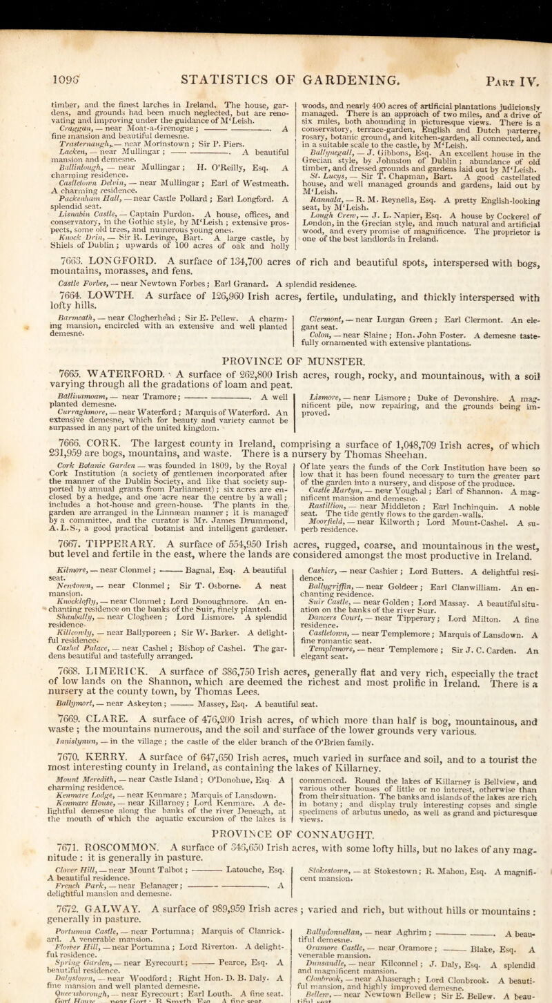 timber, and the finest larches in Ireland. The house, gar¬ dens, and grounds had been much neglected, but are reno¬ vating and improving under the guidance of M'Leish. Craggan, — near Moat-a-Grenogue ;-. A fine mansion and beautiful demesne. Tamternaughy.— near Morinstown ; Sir P. Piers. Lacken, — near Mullingar ;-A beautiful mansion and demesne. Ballinlough, — near Mullingar ; H. O’Reilly, Esq. A charming residence. Castletown Delvin, — near Mullingar ; Earl of Westmeath. A charming residence. Packenham Hall, — near Castle Pollard ; Earl Longford. A splendid seat. Lisnabin Castle, — Captain Purdon. A house, offices, and conservatory, in the Gothic style, by M'Leish ; extensive pros¬ pects, some old trees, and numerous young ones. Knock Ddn, — Sir R. Levinge, Bart. ' A large castle, by Shiels of Dublin; upwards of 100 acres of oak and holly 7663. LONGFORD. A surface of 134,700 acres mountains, morasses, and fens. Castle Forbes, — near Newtown Forbes; Earl Granard. A spl 7664. LOWTH. A surface of 126,960 Irish acre lofty hills. Barmeath, — near Clogherhead ; Sir E. Pellew. A charm- 1 mg mansion, encircled with an extensive and well planted I demesne. woods, and nearly 400 acres of artificial plantations judiciously managed. There is an approach of two miles, and a drive of six miles, both abounding in picturesque views. There is- a conservatory, terrace-garden, English and Dutch parterre, rosary, botanic ground, and kitchen-garden, all connected, and in a suitable scale to the castle, by M'Leish. Ballynegall, — J. Gibbons, Esq. An excellent house in the Grecian style, by Johnston of Dublin; abundance of old timber, and dressed grounds and gardens laid out by M'Leish. St. Lucys, — Sir T. Chapman, Bart. A good castellated house, and well managed grounds and gardens, laid out by M'Leish. Rannala, — R. M. Reynella, Esq. A pretty English-lookins seat, by M'Leish. Lough Crew,— J. L. Napier, Esq. A house by Cockerel of London, in the Grecian style, and much natural and artificial wood, and every promise of magnificence. The proprietor is one of the best landlords in Ireland. of rich and beautiful spots, interspersed with bogs. sndid residence. fertile, undulating, and thickly interspersed with Clermont, — near Lurgan Green ; Earl Clermont. An ele¬ gant seat. Colon, — near Slaine; Hon. John Foster. A demesne taste¬ fully ornamented with extensive plantations. PROVINCE OF MUNSTER. 7665. WATERFORD. • A surface of 262,800 Irish acres, rough, rocky, and mountainous, with a soil varying through all the gradations of loam and peat. Ballinamoam, — near Tramore;-A well planted demesne. Curraghmore,—near Waterford ; Marquis of Waterford. An extensive demesne, which for beauty and variety cannot be surpassed in any part of the united kingdom. Lismore, — near Lismore ; Duke of Devonshire. A mag¬ nificent pile, now repairing, and the grounds being im¬ proved. 7666. CORK. The largest county in Ireland, comprising a surface of 1,048,709 Irish acres, of which 231,959 are bogs, mountains, and waste. There is a nursery by Thomas Sheehan. Cork Botanic Garden — was founded in 1809, by the Royal Cork Institution (a society of gentlemen incorporated after the manner of the Dublin Society, and like that society sup¬ ported by annual grants from Parliament); six acres are en¬ closed by a hedge, and one acre near the centre by a wall; includes a hot-house and green-house. The plants in the, garden are arranged in the Linnsean manner ; it is managed' by a committee, and the curator is Mr. James Drummond, A.L.S., a good practical botanist and intelligent gardener. 7667. TIPPERARY. A surface of 554,950 Irish but level and fertile in the east, where the lands are Of late years the funds of the Cork Institution have been so low that it has been found necessary to turn the greater part of the garden into a nursery, and dispose of the produce. Castle Martyn, — near Youghal ; Earl of Shannon. A mag¬ nificent mansion and demesne. Rastillion, ■— near Middleton ; Earl Inchinquin. A noble seat. The tide gently flows to the garden-walls. Moorfield, — near Kihvorth ; Lord Mount-Cashel. A su¬ perb residence. acres, rugged, coarse, and mountainous in the west, considered amongst the mast productive in Ireland. Kilmore, — near Clonmel; -Bagnal, Esq. A beautiful seat. Newtown, — near Clonmel ; Sir T. Osborne. A neat mansjon. Knocklofty, — near Clonmel; Lord Donoughmore. An en¬ chanting residence on the banks of the Suir, finely planted. Shanbally, — near Clogheen ; Lord Lismore. A splendid residence- Killcowly, — near Ballyporeen ; Sir W. Barker. A delight¬ ful residence. Cashel Palace, — near Cashel; Bishop of Cashel. The gar¬ dens beautiful and tastefully arranged. Cashier, — near Cashier ; Lord Butters. A delightful resi¬ dence. Balh/grifpn, — near Goldeer ; Earl Clanwilliam. An en¬ chanting residence. Suir Castle, — near Golden ; Lord Massay. A beautiful situ¬ ation on the banks of the river Suir. Dancers Court, _ near Tipperary; Lord Milton. A fine residence. Castletown, — near Templemore; Marquis of Lansdown. A fine romantic seat. Templemore, — near Templemore ; Sir J. C. Carden. An elegant seat. 7668. LIMERICK. A surface of 386,750 Irish acres, generally flat and very rich, especially the tract of low lands on the Shannon, which are deemed the richest and most prolific in Ireland. There is a nursery at the county town, by Thomas Lees. Ballymort, — near Askeyton ; - Massey, Esq. A beautiful seat. 7669. CLARE. A surface of 476,200 Irish acres, of which more than half is bog, mountainous, and waste ; the mountains numerous, and the soil and surface of the lower grounds very various. Innislynun, — in the village ; the castle of the elder branch of the O’Brien family. 7670. KERRY. A surface of 647,650 Irish acres, much varied in surface and soil, and to a tourist the most interesting county in Ireland, as containing the lakes of Killarney. Mount Meredith, — near Castle Island ; O’Donohue, Esq- A charming residence. Kenmare Lodge, — near Kenmare ; Marquis of Lansdown. Kenmare House, — near Killarney ; Lord Kenmare. A de¬ lightful demesne along the banks of the river Deneagh, at the mouth of which the aquatic excursion of the lakes is commenced. Round the lakes of Killarney is Bellview, and various other houses of little or no interest, otherwise than from their situation. The banks and islands of the lakes are rich in botany; and display truly interesting copses and single specimens of arbutus unedo, as well as grand and picturesque views. PROVINCE OF CONNAUGHT. 7671. ROSCOMMON. A surface of 346,650 Irish acres, with some lofty hills, but no lakes of any mag¬ nitude : it is generally in pasture. Clover Hill, — near Mount Talbot; - Latouche, Esq. Stnkestown, — at Stokestown; R. Mahon, Esq. A magnifi- A beautiful residence. cent mansion. French Park, — near Belanager;-A delightful mansion and demesne. 7672. GALWAY. A surface of 989,959 Irish acres ; varied and rich, but without hills or mountains : generally in pasture. Portumna Castle, — near Portumna; Marquis of Clanrick- ard. A venerable mansion. Flortier Hill,—near Portumna ; Lord Riverton. A delight¬ ful residence. Spring Garden, — near Eyrecourt; -Pearce, Esq. A beautiful residence. Dalystown,—near Woodford; Right Hon. D. B. Daly. A fine mansion and well planted demesne. Querisborough, — near Eyrecourt; Earl Louth. A fine seat. fnlW fJniiKP near • Ft QiYtvfli F.cn A coat Ballydonnellan, — near Aghrim ; .__ beau¬ tiful demesne. Oramore Castle, — near Oramore ; _ Blake, Esq. A venerable mansion. Dunsamlle, — near Kilconnel ; J. Daly, Esq. A splendid and magnificent mansion. Chmhrook, — near Ahaseragh ; Lord Clonbrook. A beauti¬ ful mansion, and highly improved demesne. Pellew, — near Newtown Bellew ; Sir E. Bellew. A beau-