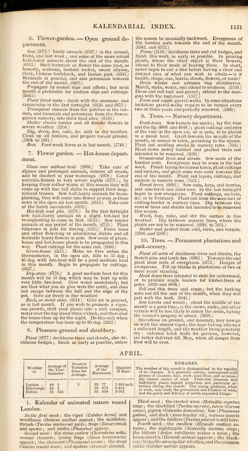 6. Flower-garden. — Open ground de¬ partment. Sow (2071.) hardy annuals (6507.) in the second, third, and last week ; and some of the more robust half-hardy annuals about the end of the month. (6513.) Such biennials as flower the same year, as honesty, scabious, bastard rocket, sweet allyson, clary, Chinese hollyhock, and Indian pink. (6505.) Biennials in general, and also perennials towards the end of the month. (6493.) Propagate by rooted slips and offsets; but next month is preferable for rootless slips and cuttings. (2063.) Plant dried roots : finish with the anemone and ranunculus in the first fortnight. (6256. and 6875.) Transplant annuals from the patches in the bor¬ ders, and biennials and perennials from the flower- garden nursery, into their final sites. (6110.) Shelter choice border and all florists’ flowers in severe weather. (2206.) Dig, dress, hoe, rake. Sec. only in dry weather. Clean up all borders, and prepare vacant ground. (1864. to 1881.) Pees. Feed weak hives as in last month. (1748.) 7. Flower garden. — Hot-house depart¬ ment. Glass case without heat. (2686.) Take care of alpines and prolonged annuals, remove all weeds, and be discreet in your waterings. (2078.) Cover auricula-frames in very severe nights (6375.); by keeping them rather warm at this season they will come up with fine tall stalks to support their mag¬ nificent trusses. Sow half-hardy annuals for trans¬ planting, they will come into flower as soon as those sown in the open air last month. (6513.) Take care of the hardy succulents. (6592.) Hot-beds and pits. (2678.) In the first fortnight sow half-hardy annuals on a slight hot-bed for transplanting to come in first. (6513.) Sow tender annuals at any period of the month. (6725.) Plant tuberoses in pots for forcing. (6323.) Force roses and other flowering or odoriferous shrubs and all desirable hardy flowers in pots. Sow seeds of green¬ house and hot-house plants to be propagated in this way. Plant cuttings for the same end. (2063.) Green-house. (6211.) Make no fires unless the thermometer, in the open air, falls to 35 deg.; 45 deg. with fire-heat will be a good medium heat in this month. Begin to propagate by cuttings. (6627.) Dry-stove. (6l76.) A good medium heat for this month will be 55 deg. which may be kept up with very little fire-heat. Give water moderately, but see that what you do give wets the earth, and does not escape between the ball and the edge of the pot. Give air freely in fine weather. Bark, or moist stove. (6214.) Give air in general, as in last month. If you wish to promote a vigor¬ ous growth, shift your plants into a rich compqst, water over the top about three o’clock, and then shut the house close up for the night. Do this only when the temperature has been up to 80 deg. (2205.) 8. Pleasure-ground and shrubbery. Plant (2077.) deciduous trees and shrubs, also de¬ ciduous hedges; finish as early as possible, unless the season be unusually backward. Evergreens of the hardier sorts towards the end of the month. (6541. and 6572.) Prune (2110.) deciduous trees and cut hedges, and finish this work as early as possible. In pruning plants, where the chief object is their flowers, attend to their mode of bearing these. In short, never begin to cut a tree before having a clear and distinct idea of what you wish to attain — is it . health, shape, size, leaves, shoots, flowers,or roots? Dress winter and autumn dug shrubberies. Mulch, stake, water, and attend to neatness. (2359.) Dress and roll turf and gravel; attend to the mar¬ gins with the turf-raser. (1317.) Form and repair gravel-walks. In some situations imitation gravel-walks require to be turned every two or three years and partially renewed. (1960.) 9. Trees. — Nursery department. Fruit-trees. Sow kernels for stocks; lay the vine and the fig (4808. and 4848.); plant cuttings and eyes of the vine in the open air, or in pots, to be placed in a moist heat. Graft towards the middle of the month, or sooner or later, according to the season. Plant out seedling stocks in nursery rows. (7031.) Head down newly budded and grafted trees not intended to be removed. (2039.) Ornamental trees and shrubs. Sow seeds of the hardier sorts. Evergreens may be sown in the last week. Finish laying deciduous kinds, plant cuttings and suckers, and graft some rare sorts towards the end of the month. Plant out layers, cuttings, and suckers in nursery rows. (7031.) Forest trees. (6982.) Sow nuts, keys, and berries, and also birch and alder seed. In the last fortnight begin to sow evergreens. Plant cuttings, suckers, &c. as in February. Plant out from the seed-bed or cutting-border in nursery lines. Dig between the rows ef trees and shrubs not intended to be removed this season. Weed, hoe, rake, and stir the surface in fine weather. Dig between nursery lines, where the plants are not to be removed. (6982. to 7031.) Shelter and protect from cold, birds, and vermin. (2206. and 2289.) 10. Trees. — Permanent plantations and park-scenery. Plant all sorts of deciduous trees and shrubs, the Scotch pine and larch firs. (6983.) Towards the end plant most sorts of evergreens. (6572.) Hedges of evergreens. Fill up blanks in plantations of two or more years’ standing. Head down trees intended to stole for underwood, or to produce single leaders for timber-trees or poles. (6829 and 6894.) Fell and thin trees and copse; but the barking sorts not till the end of the month, when they will part with the bark. (6941.) Sow forests and woods; about the middle of the month is a good time, as the crows, rooks, and other vermin will be less likely to annoy the seeds, having the farmer’s progeny to attack. (6828.) Operations on ground, and masonry, may now go on with the utmost vigor; the days having attained a sufficient length, and the weather being generally dry : external brick walls for gardens, however, are better deferred till May, when all danger from frost will be over. APRIL. Weather at Average of the Ther¬ mometer. Greatest Variation from the Average. Average of the Barometer. Quantity of Rain. London - Edinburgh Dublin - 49 9 46 3 51 125 3 29 77 29 873 92 909 1- 460 inch. 2- 414 2-561 REMARKS. The weather of this month is distinguished by the rapidity of its changes. It is generally stormy, interspersed with gleams of sunshine, hail, snow, some frost, and occasion¬ ally violent storms of wind. Fruit-tree blossoms and half-hardy plants require protection and particular at¬ tention during this month. The young gardener, while at work, may study the gemmation and foliation of trees, and the gaiety and delicacy of newly expanded foliage. 1. Kalendar of animated nature round London. In the first week: the viper (Coluber berus) and woodlouse (Oniscus asellus) appear; the mistletoe- thrush (Turdus viscivorus) pairs; frogs {liana;) croak and spawn ; and moths (Phalcente) appear. Second week : the stone curlew (Charadrius cedic- nemus) clamors; young frogs (liana temporaria) appear; the pheasant (Phasianus) crows; the trout (Salmo truita) rises; and spiders (Aranece) abound. Third week ; the crested wren (Motacilla regulus) sings; the blackbird (Turdus merula), raven (Corvus corax), pigeon (Columba domestica), hen (Phasianus gallus), and duck (Anas boschu) sit; various insects appear ; and the feldfare (Turduspilaris) is still here. Fourth week; the swallow (Hirundo rustica) re¬ turns; the nightingale (Motacilla lucinia) sings; the bittern (Ardea rotellaria) makes a noise; the house-martin (Hirundo urbica) appears ; the black¬ cap (Motacilla atracapilla) whistles; and the common snake (Coluber matrix) appears.