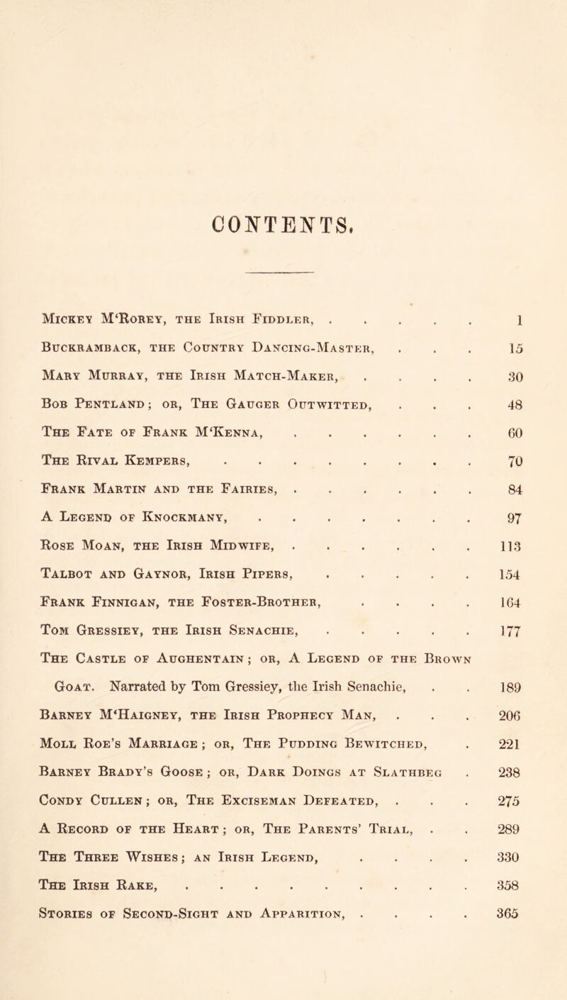 CONTENTS. Mickey M‘IIorey, the Irish Fiddler, ..... 1 Buckramback, the Country Dancing-Master, ... 15 Mary Murray, the Irish Match-Maker, .... 30 Bob Pentland ; or, The Gauger Outwitted, ... 48 The Fate of Frank M‘Kenna, 60 The Rival Kempers, 70 Frank Martin and the Fairies, 84 A Legend of Knockmany, ....... 97 Rose Moan, the Irish Midwife, 11.3 Talbot and Gaynor, Irish Pipers, 154 Frank Finnigan, the Foster-Brother, . . . , 164 Tom Gressiey, the Irish Senachie, 177 The Castle of Aughentain ; or, A Legend of the Brown Goat. Narrated by Tom Gressiey, the Irish Senachie, . . 189 Barney M'Haigney, the Irish Prophecy Man, . . . 206 Moll Roe’s Marriage ; or. The Pudding Bewitched, . 221 Barney Brady’s Goose ; or, Dark Doings at Slathbeg . 238 CoNDY Cullen ; or, The Exciseman Defeated, . . , 275 A Record of the Heart ; or. The Parents’ Trial, . . 289 The Three Wishes ; an Irish Legend, .... 330 The Irish Rake, 358 Stories of Second-Sight and Apparition, .... 365