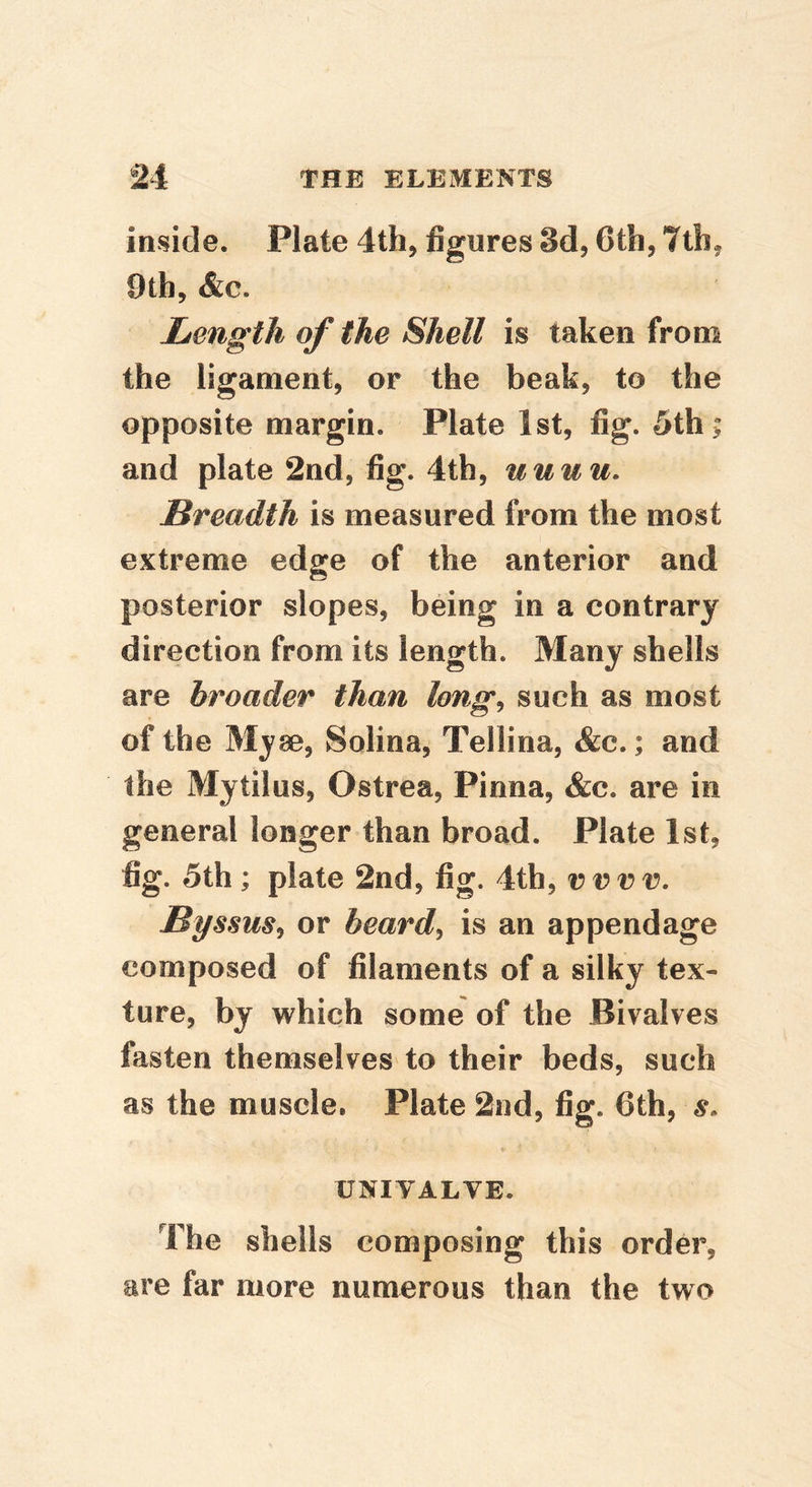 inside. Plate 4th, figures 3d, 6th, Tth, 9th, &c. Length of the Shell is taken from the ligament, or the beak, to the opposite margin. Plate 1st, fig. 5th > and plate 2nd, fig. 4th, uuuu. Breadth is measured from the most extreme edge of the anterior and posterior slopes, being in a contrary direction from its length. Many shells are broader than long^ such as most of the My 90, Solina, Tellina, &c.; and the Mytilus, Ostrea, Pinna, &c. are in general longer than broad. Plate 1st, fig. 5th; plate 2nd, fig. 4th, vvvv, Byssus^ or beards is an appendage composed of filaments of a silky tex- ture, by which some of the Bivalves fasten themselves to their beds, such as the muscle. Plate 2nd, fig. 6th, s. UNIVALVE. The shells composing this order, are far more numerous than the two