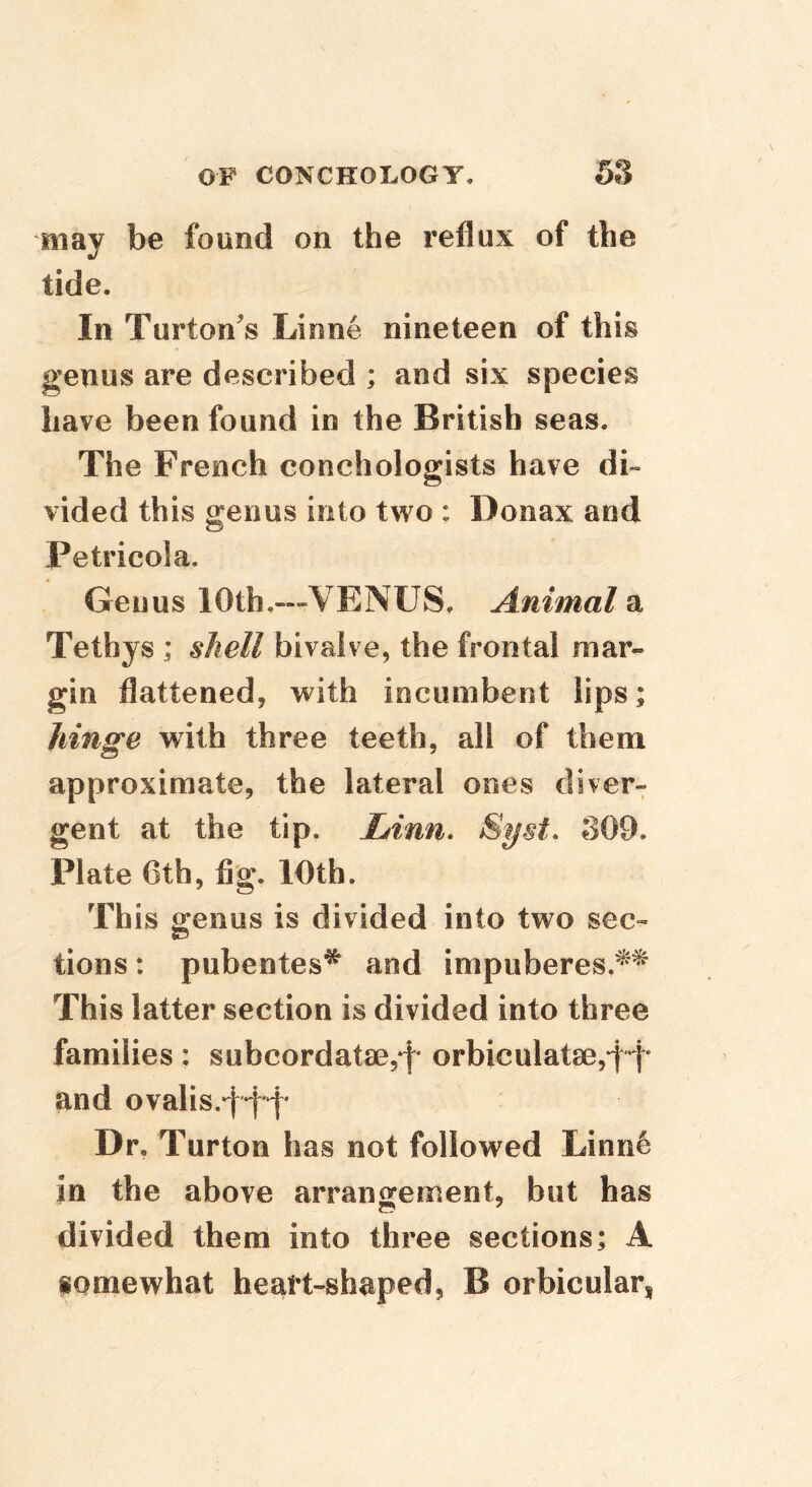 may be found on the reflux of the tide. In Turton^s Linne nineteen of this genus are described ; and six sjiecies have been found in the British seas. The French conchologists have di- vided this o^enus into two : Donax and Petricola. Genus 10th,—VENUS. Animals Tethys ; shell bivalve, the frontal mar- gin flattened, with incumbent lips; hinge with three teeth, all of them approximate, the lateral ones diver-^ gent at the tip. Linn. Syst. 309. Plate 6th, fig. lOth. This genus is divided into two sec- tions : pubentes* and impuberes.^^ This latter section is divided into three families : subcordatae,*!* orbiculat8e,*f f and ovalis.-f*11' Dr, Turton has not followed Linne in the above arran^rement, but has divided them into three sections; A ifomewhat heart-shaped, B orbicular,