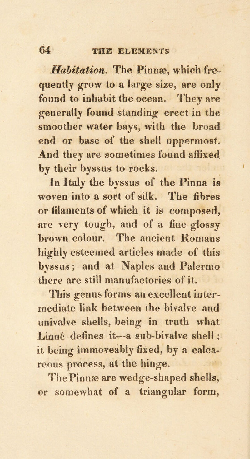Habitation, The Pinnse, which fre- quently grow to a large size, are only found to inhabit the ocean. They are generally found standing erect in the smoother water baySj with the broad end or base of the shell uppermost. And they are sometimes found affixed by their byssus to rocks. In Italy the byssus of the Pinna is woven into a sort of silk. The fibres or filaments of which it is composed, are very tough, and of a fine glossy brown colour. The ancient Romans highly esteemed articles made of this byssus; and at Naples and Palermo there are still manufactories of it. This o:enus forms an excellent inter- mediate link between the bivalve and univalve shells, being in truth what Linne defines it—a sub-bivalve shell; it being imraoveably fixed, by a calca- reous process, at the hinge. The Pinnae are wedge-shaped shells, or somewhat of a triangular form,