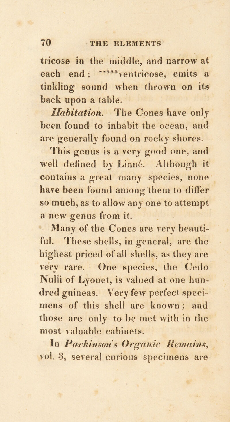 tricose in the middle, and narrow at each end; *****ventricose, emits a tinkling sound when thrown on its back upon a table. Habitation. The Cones have only been found to inhabit the ocean, and are generallj^ found on rocky shores. This genus is a very good one, and well defined by Linne. Although it contains a great many species, none have been found among them to differ so much, as to allow any one to attempt a new genus from it. Many of the Cones are very beauti- ful. These shells, in genera!, are the highest priced of all shells, as they are veVy rare. One species, the Cedo Nulli of Lyonet, is valued at one hun- dred guineas. Very few perfect speci- mens of this shell are known; and those are only to be met with in the most valuable cabinets. In Parkinson s Organic llemaim.^ vok 3, several curious specimens are