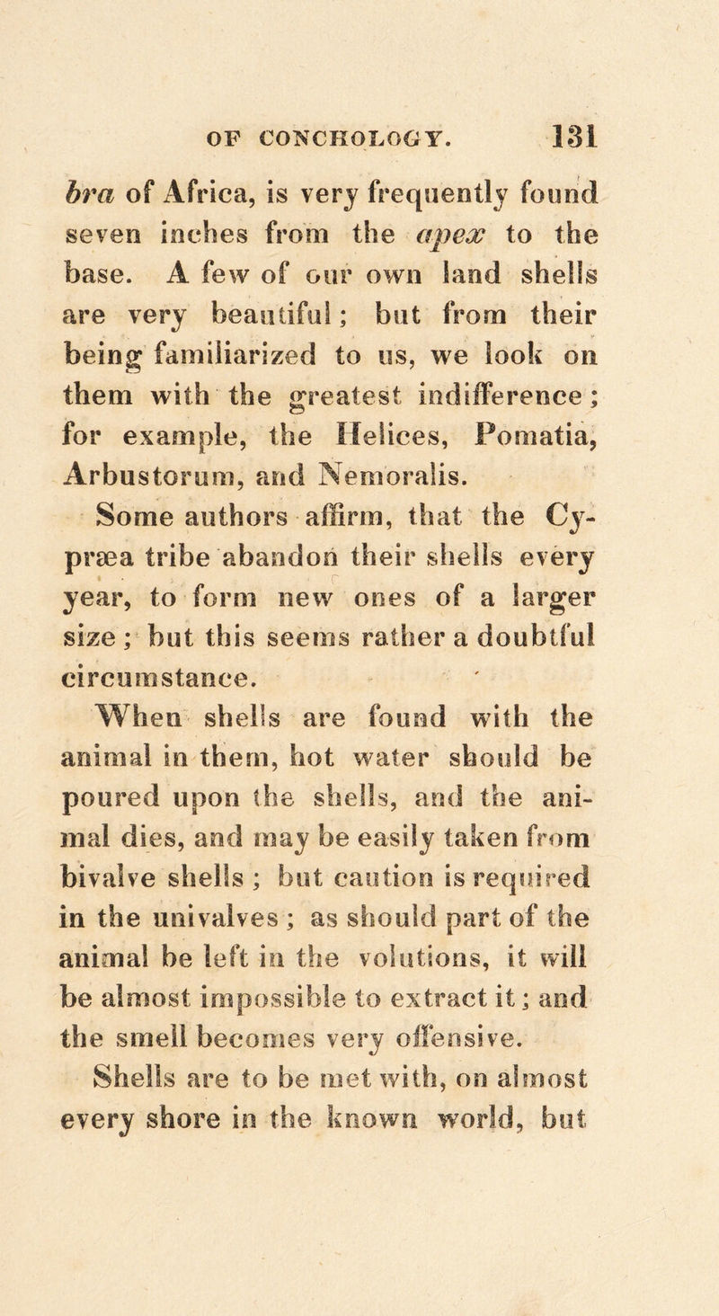 hra of iVfrica, is very frequently found seven inches from the apex to the base. A few of our own land shells are very beautiful; but from their y being familiarized to us, we look on them with the greatest indifference; for example, the Helices, Pomatia, Arbustorum, and Nemoralis. Some authors affirm, that the Cy- prsea tribe abandon their shells every year, to form new ones of a larger size ; but this seems rather a doubtful circumstance. When shells are found with the animal in them, hot water should be poured upon the shells, and the ani- mal dies, and may be easily taken from bivalve shells ; but caution is required in the univalves ; as should part of the animal be left in the volutions, it will be almost impossible to extract it; and the smell becomes very offensive. Shells are to be met with, on almost every shore in the known world, but