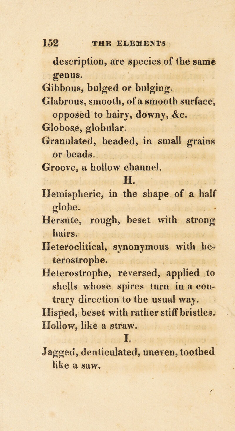 description, are species of the same genus. Gibbous, bulged or bulging. Glabrous, smooth, of a smooth surface, opposed to hairy, downy, &c. Globose, globular. Granulated, beaded, in small grains or beads. Groove, a hollow channel. H. Hemispheric, in the shape of a half globe. Hersnte, rough, beset with strong hairs. Heteroclitical, synonymous with he- terostrophe. Heterostrophe, reversed, applied to shells whose spires turn in a con- trary direction to the usual way. Hisped, beset with rather stiff bristles. Hollow, like a straw. I. Jagged, denticulated, uneven, toothed like a saw.