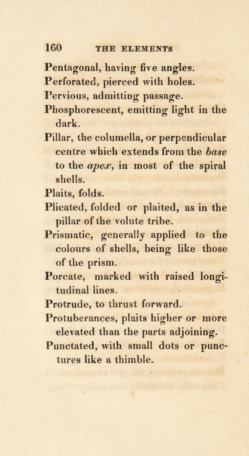 Pentagonal, having five angles. Perforated, pierced with holes. Pervious, admitting passage. Phosphorescent, emitting light in the dark. Pillar, the columella, or perpendicular centre which extends from the base to the apeXj in most of the spiral shells. Plaits, folds. Plicated, folded or plaited, as in the pillar of the volute tribe. Prismatic, generally applied to the colours of shells, being like those of the prism. Porcate, marked with raised longi- tudinal lines. Protrude, to thrust forward. Protuberances, plaits higher or more elevated than the parts adjoining. Punctated, with small dots or punc- tures like a thimble.