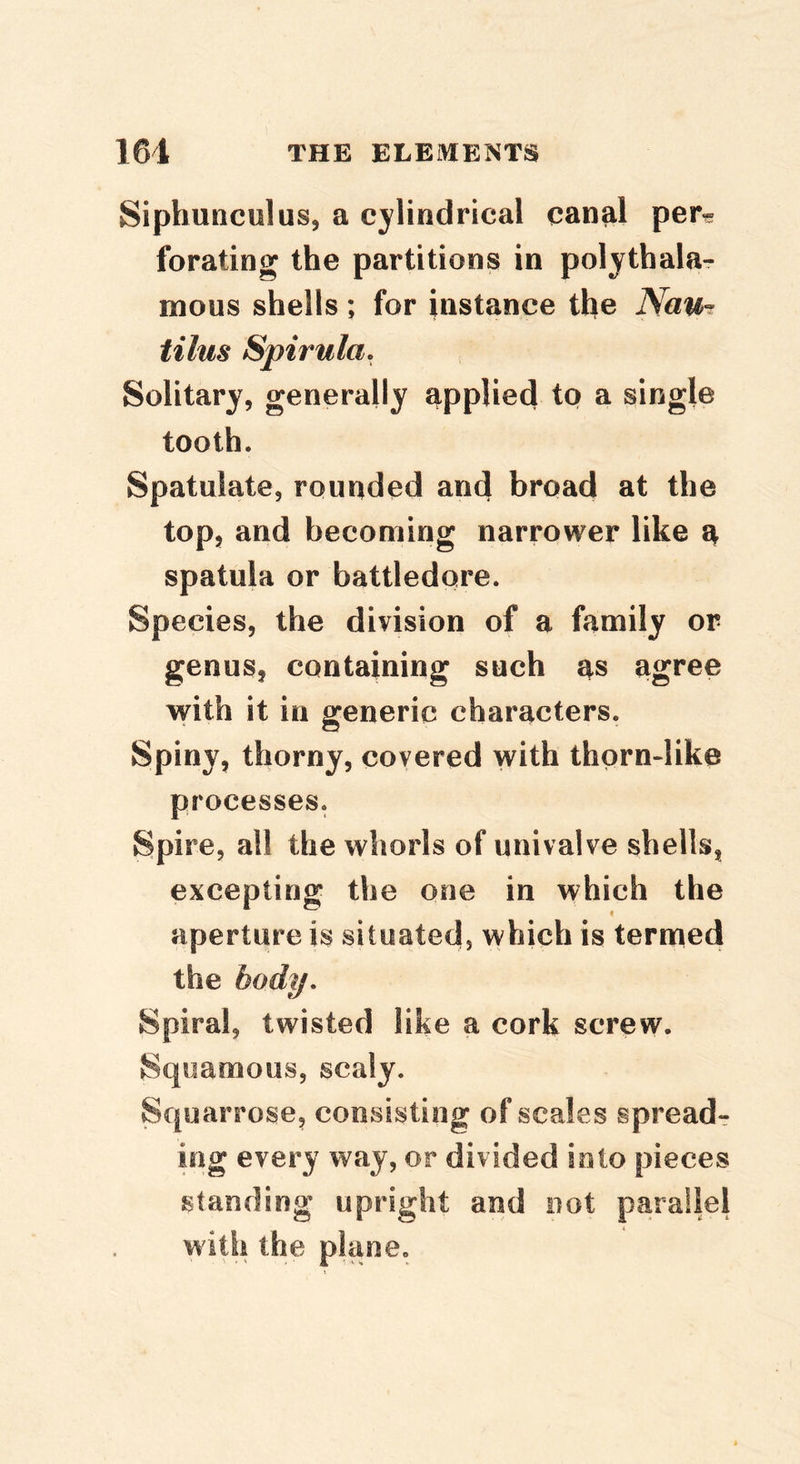 Siphuticulus, a cylindrical canal per^ forating the partitions in polythala- mous shells; for instance the Nau- tilus Spirula. Solitary, generally applied to a single tooth. Spatulate, rounded and broad at the top, and becoming narrower like a spatula or battledore. Species, the division of a family or genus, containing such as agree with it in generic characters. Spiny, thorny, covered with thorn-like processes. Spire, all the whorls of univalve shells, excepting the one in which the aperture is situated, vvhich is ternied the body. Spiral, twisted like a cork screw. Squamous, scaly. Squarrose, consisting of scales spread- ing every way, or divided into pieces standing upright and not parallel with the plane.