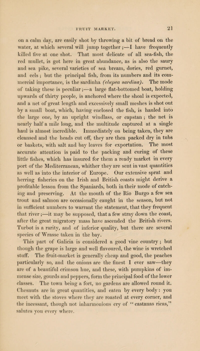 on a calm day, are easily shot by throwing a bit of bread on the water, at which several will jump together ;—I have frequently killed five at one shot. That most delicate of all sea-fish, the red mullet, is got here in great abundance, as is also the saury and sea pike, several varieties of sea bream, dories, red gurnet, and eels ; but the principal fish, from its numbers and its com¬ mercial importance, is the sardinha (clupea sardina). The mode of taking these is peculiar;—a large flat-bottomed boat, holding upwards of thirty people, is anchored where the shoal is expected, and a net of great length and excessively small meshes is shot out by a small boat, which, having enclosed the fish, is hauled into the large one, by an upright windlass, or capstan ; the net is nearly half a mile long, and the multitude captured at a single haul is almost incredible. Immediately on being taken, they are cleansed and the heads cut off, they are then packed dry in tubs or baskets, with salt and bay leaves for exportation. The most accurate attention is paid to the packing and curing of these little fishes, which has insured for them a ready market in every port of the Mediterranean, whither they are sent in vast quantities as well as into the interior of Europe. Our extensive sprat and herring fisheries on the Irish and British coasts might derive a profitable lesson from the Spaniards, both in their mode of catch¬ ing and preserving. At the mouth of the Rio Burgo a few sea trout and salmon are occasionally caught in the season, but not in sufficient numbers to warrant the statement, that they frequent that river ;—it may be supposed, that a few stray down the coast, after the great migratory mass have ascended the British rivers. Turbot is a rarity, and of inferior quality, but there are several species of Wrasse taken in the bay. This part of Galicia is considered a good vine country; but though the grape is large and well flavoured, the wine is wretched stuff. The fruit-market is generally cheap and good, the peaches particularly so, and the onions are the finest I ever saw—they are of a beautiful crimson hue, and these, with pumpkins of im¬ mense size, gourds and peppers, form the principal food of the lower classes. The town being a fort, no gardens are allowed round it. Chesnuts are in great quantities, and eaten by every body: you meet with the stoves where they are roasted at every corner, and the incessant, though not inharmonious cry of “ castanas ricas,” salutes you every where.