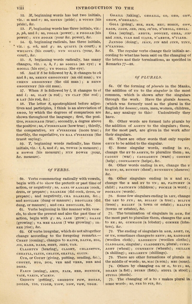 52. My beginning words has but two initials, viz.: m and v; as, moyrn (pride) ; e voyrn (his pride), &c. 53. P, beginning words has three initials, viz.: p, ph, and b; as, pooar (power); e phooar (his power) ; nyn booar (your &c. power), &c. 54. Q, beginning radicals, has three initials, * viz.: q, wh, and g; as, quaiyl (a court); e WHUAIYL (his court); NYN GUAIYL (your, &C. court), &c. 55. S, beginning words radically, has many changes, viz.: s, h, t; as sooill (an eye); e hooill (his eye) ; yn tooill (the eye). 56. And if S be followed by h, it changes to ch and h-, as, shenn ghooinney (an old man); yn chenn giiooinney (the old man); e henn ghooinney (his old man). 57. When S is followed by l, it changes to cl and l; as, slat (a rod); yn clat (the rod) ; e lat (his rod, &c.) 58. The letter S, apostrophized before adjec- tives and participles, I think is an abreviation of smoo, by which the degrees of comparison are shown throughout the language; first, the posi- tive, firrinagh (true); secondly, a degree above the positive; as, s’firrinagh (how true); thirdly, the comparative, ny s’firrinee (more true); fourthly, the superlative, yn raa s’firrinee (the truest saying). 59. T, beginning words radically, has three initials, viz.: t, h, and d; as, towse (a measure); e howse (his measure); nyn dowse (.your, &c. measure). Of VERBS. 60. Verbs commencing radically with vowels, begin with d to show the preterit or past time of action, or negatively; as, aarl or aarlee (cook, dress, or prepare); daarlee (did cook, dress, or prepare); and negatively, cha daarlee, &c. ; and eoyllee (dung or manure); deoyllee (did dung, or manure); and cha deoyllee, &c. 61. Verbs beginning in like manner with vow- els, to show the present and also the past time of action, begin with g; as, aase (grow); gaase (growing); va mee gaase (I was growing); ir- ree (rise); &c. 62. Of verbs irregular, which do not altogether change according to the foregoing remarks.— Cheet (coming), changes to haink, daink, hig, JIG, HARR, DARR, HEET, JEET, TAR. Clashtyn (hearing), clasht, chlashtyn, CHEAYLL, CLUIN, CHLUIN, GEAYLL, GLUIN. Cur, or Coyrt (giving, putting, sending, 81c.), choyrt, hug, dug, ver and verr, der and DERR. Fakin (seeing), akin, fair, hee, honnick, VAIK, VAKIN, N’AIKIN. Geddyn (getting), gheddyn fow, hooar, DOOAR, YIO, YIOGH, YIOW, NOW, VOW, VOGH. Goaill (taking), choaill, go, gho, gow, ghow, n’ghoaill. Goll (going), hie, hem, heu, hooin, gow, RAGH, JAGII, JED, JEM, JE’OO, n’GHOLL, GHOLL. Gra (saying), abbyr, dooyrt, ghra, jir» and jirr, yiar and yiarr, n'abbyr, n’yiarr. Jannoo (doing), jean, jin and jinn, yinn, n’yannoo. 63. The regular verbs change their initials ac- cording to what has been said on the changing of the letters and their terminations, as specified in Remarks 77—88. Of PLURALS. 64. Of the forming of plurals in the Manks, the addition of yn to the singular is the most common, which is shown after the singulars through the work. Have the plurals housen, (which was formerly used as the plural in the English for houses), oxen, men, women, children, &c., any analogy to this? Undoubtedly they have. 65. Other words are formed into plurals by the addition of aghyn to the singulars; these, for the most part, are given in the work after their singulars. 66. There are other words that only require ghyn to be added to the singular. 67. Some singular words, ending in ey, change the ey to aghyn, to pluralize them; as, CAGGEY (war) ; CAGGAGHYN (wars) ; COONEY (help); coonaghyn (helps), &c. 68. Other words ending in ey, change the y to eyn; as, bunney (sheaf); bunneeyn (sheaves) &c. 69. Other singulars ending in e and ey, change the e and ey to yn ; as, paitchey (a child); paitchyn (children); fockle (a word) ; FOCKLYN (words). 70. Some few singulars ending in ley, change the ley to jyn; as, billey (a tree); biljyn (trees) ; balley (a town or estate); baljyn (towns or estates), &c. 71. The termination of singulars in agh, for the most part to pluralize them, changes the agh to ee ; as, gimmagh (a lobster) ; gimmee (lobs- ters), &c. 72. The ending of singulars in agh, aght, in, or yn, sometimes changesto eeyn; as, eaddagh (woollen cloth); eaddeeyn (woollen cloths); CLADDAGH, singular ; CLADDEEYN, plural; CURN- aght (wheat); curneeyn (wheats); skillin (a shilling) ; skilleeyn (shillings). 73. There are other formations of plurals in the middle of words; as, mac (a son); mec (sons). 74. Others by changing oa or o, to ui; as, DOARN (a fist) ; DUIRN (fists); STOYL (a Stool); STUILL (stools). 75. The changing of e to 1 makes plural in some words ; as, fer to fir, &c.