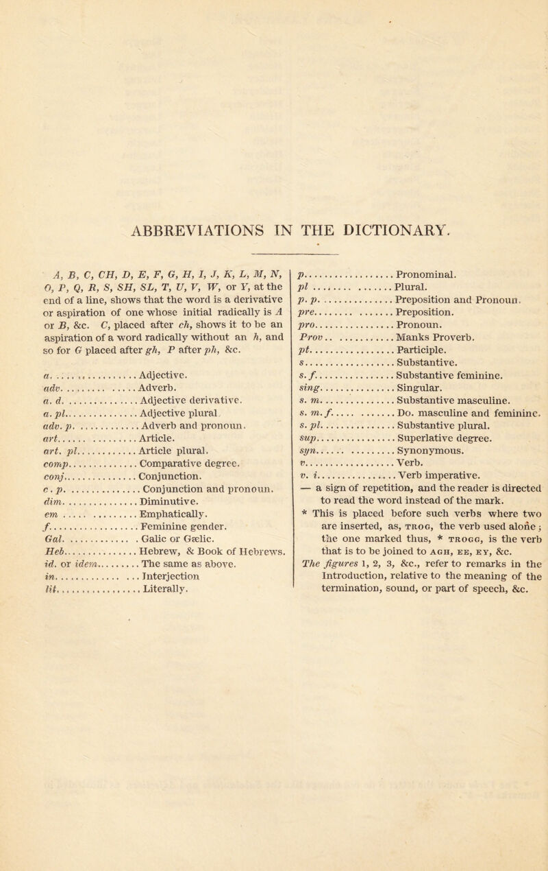 A, B, C, CH, D, E, F, G, H, I, J, K, L, M, N, 0, P, Q, R, S, SH, SL, T, U, V, W, or Y, at the end of a line, shows that the word is a derivative or aspiration of one whose initial radically is A or B, &c. C, placed after eh, shows it to he an aspiration of a word radically without an h, and so for G placed after gh, P after ph, &c. a Adjective. adv Adverb. a. d. Adjective derivative. a. pi Adjective plural adv. p Adverb and pronoun. art Article. art. pi Article plural. comp Comparative degree. conj Conjunction. c. p Conjunction and pronoun. dim Diminutive. em Emphatically. /. Feminine gender. Gal Galic or Gaelic. Heb Hebrew, & Book of Hebrews. id. or idem The same as above. in Interjection lit Literally. p Pronominal. pi Plural. p. p. . Preposition and Pronoun, pre Preposition. pro Pronoun. Prov Manks Proverb. pt Participle. s Substantive. s.f. Substantive feminine. sing Singular. s. m Substantive masculine. s. m.f. Do. masculine and feminine. s. pi Substantive plural. sup Superlative degree. syn Synonymous. v Verb. v. i Verb imperative. — a sign of repetition, and the reader is directed to read the word instead of the mark. * This is placed before such verbs where two are inserted, as, trog, the verb used alone; the one marked thus, * trogg, is the verb that is to be joined to agh, ee, ey, &c. The figures 1,2, 3, &c., refer to remarks in the Introduction, relative to the meaning of the termination, sound, or part of speech, &c.